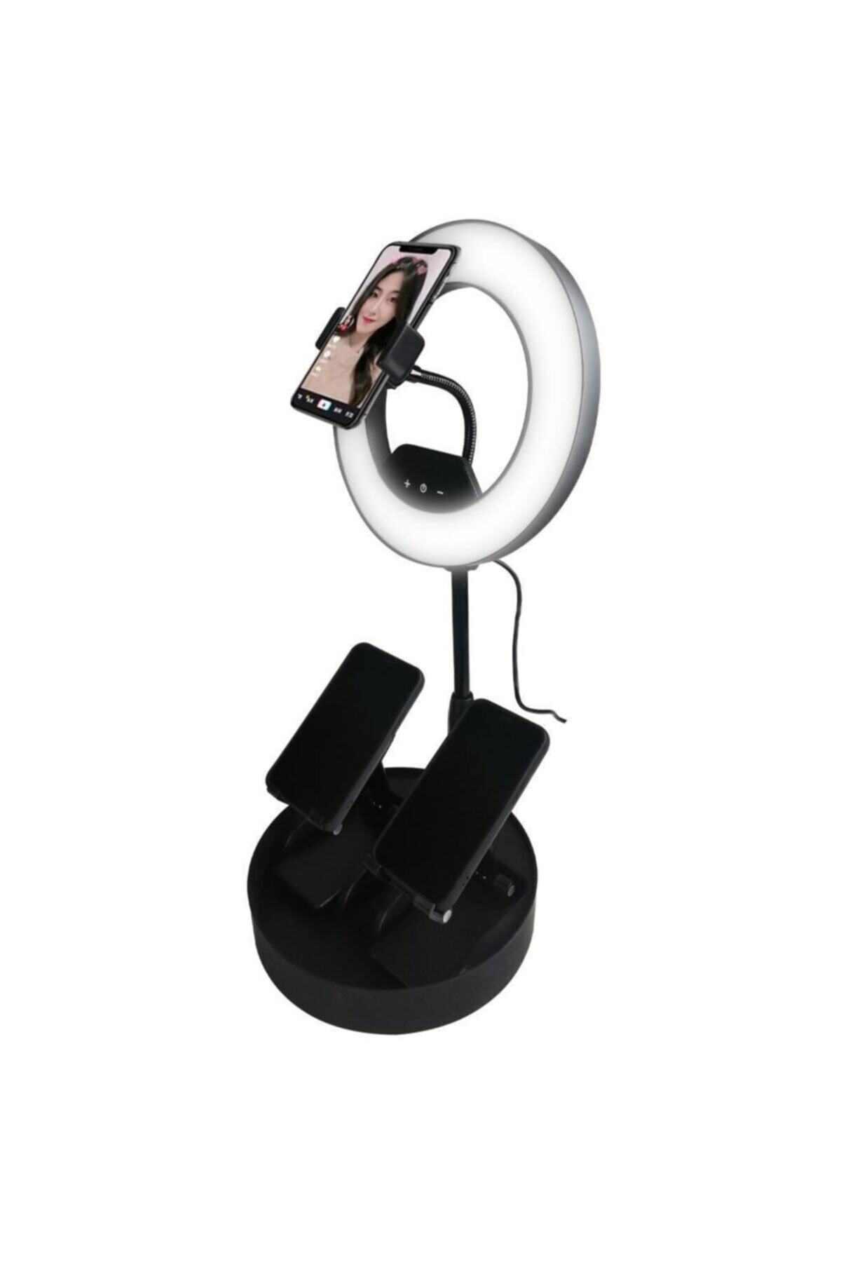 Nettenevime Video Işığı Led Ring Light Tripod 3telefon Tutuculu Siyah Yuvarlak Led Lambalı Telefon Tutacaklı Işı