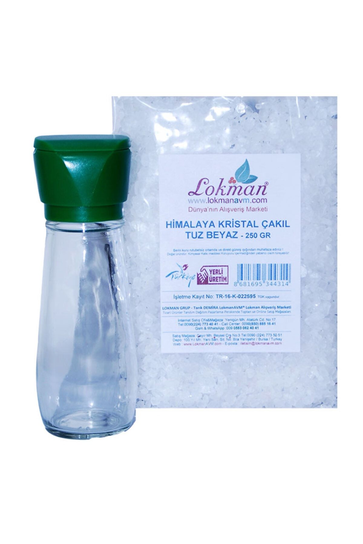 LokmanAVM Tuz Karabiber Değirmeni Yeşil + Himalaya Çakıl Tuz Beyaz 250 gr