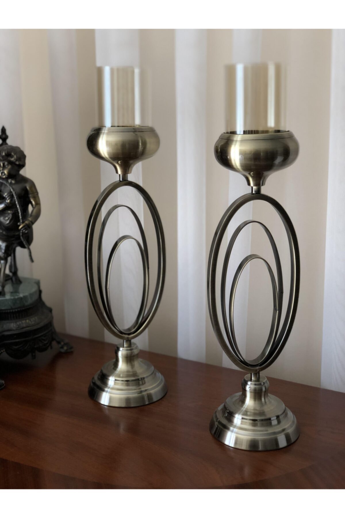 Markimo Home Elips Model Eskitme Gold Renk Şamdan Mumluk Seti Iki Adet Masaüstü Aksesuar