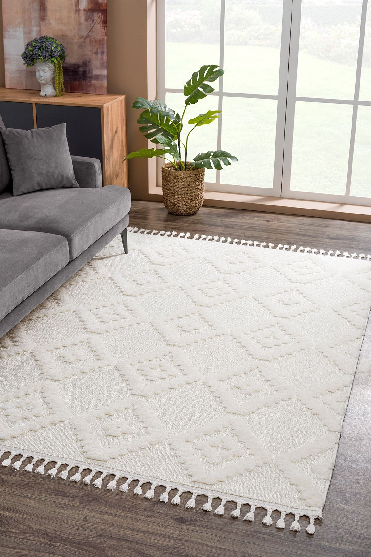 Eliz Home Beyaz Krem Elite Bukleli Yumuşak Shaggy Modern Dokuma Halı Salon Oturma Odası Halısı