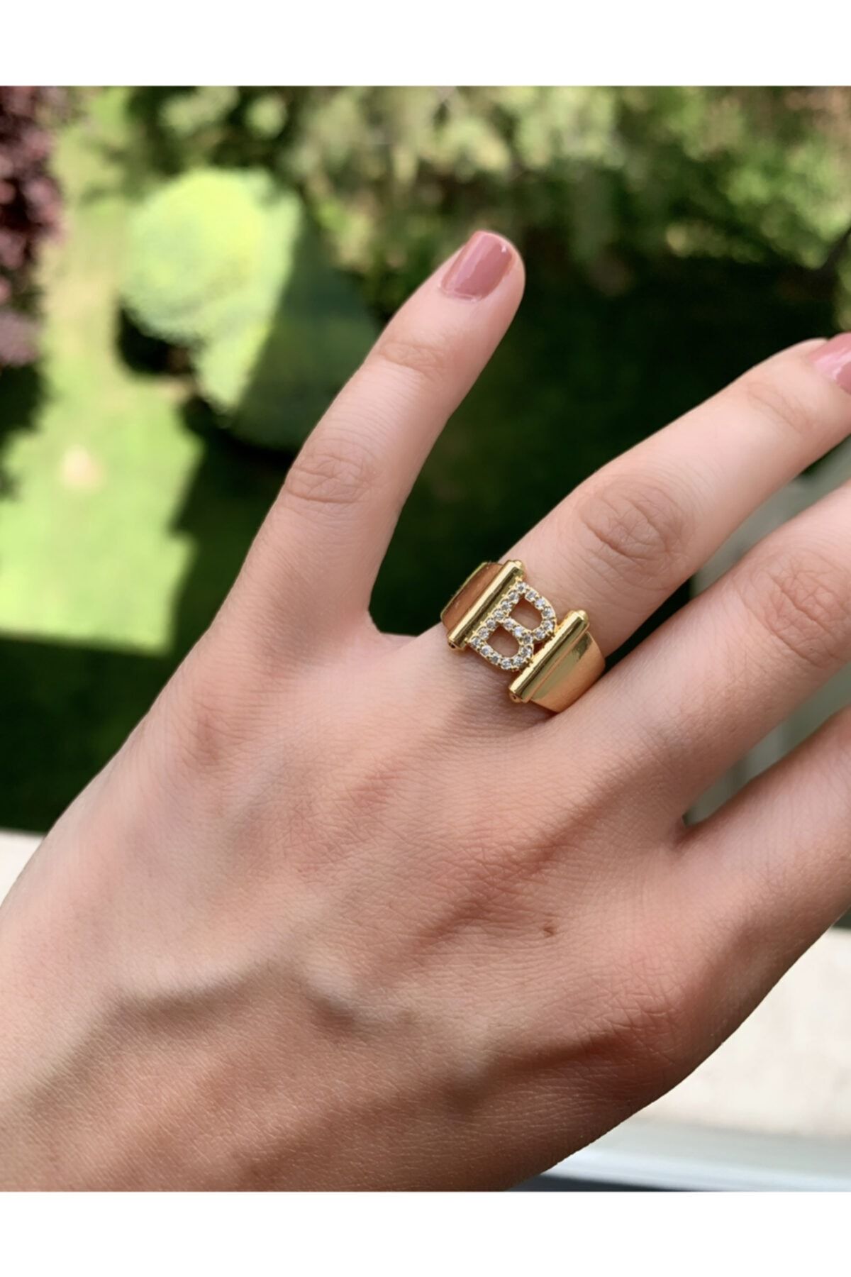 SİSTORİZE Your Luxury B Harfli Altın Kaplama Zirkon Taşlı Yüzük