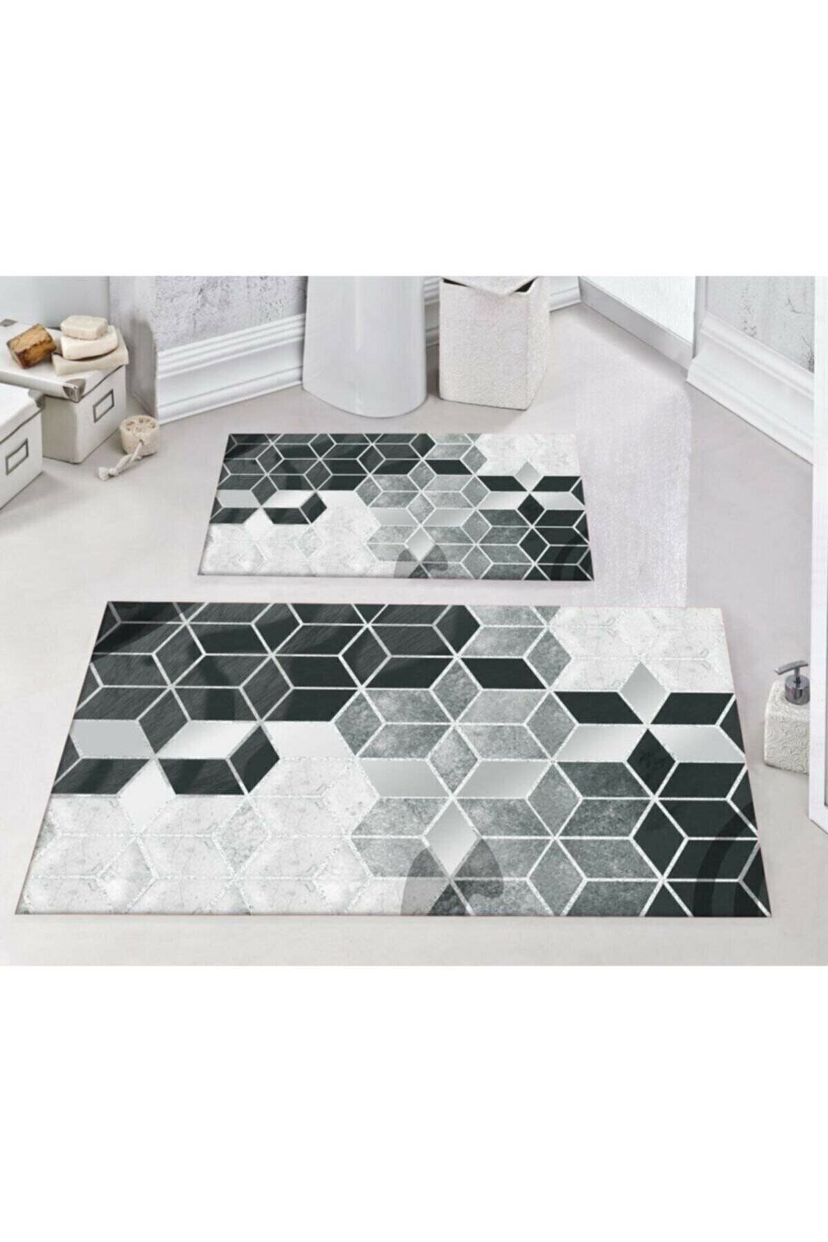 SepyaHome Antibakteriyel Dot ve Kaymaz Taban Modern Desen Banyo Klozet Paspas Takımı 2'li