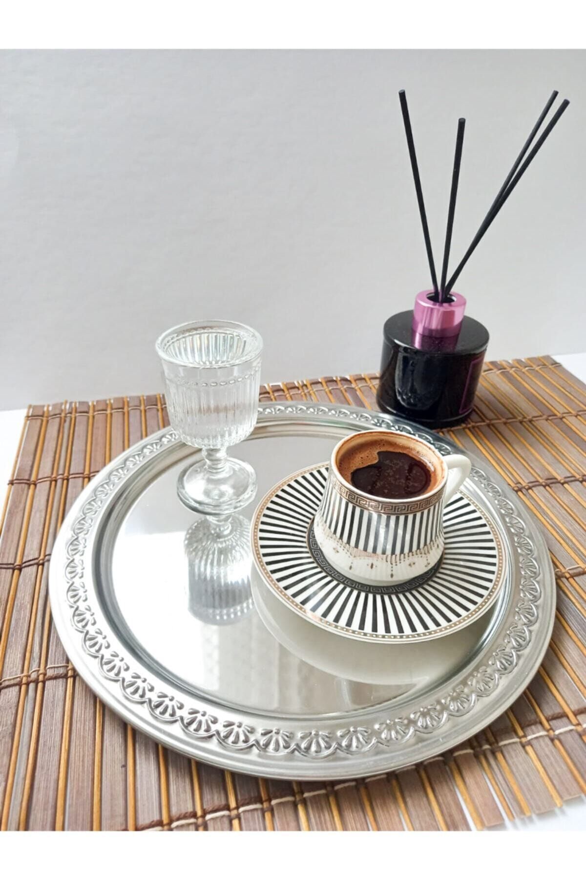 store trend 2 Li Lüx Çelik Desenli Kahve Sunum Tepsisi 24 Cm