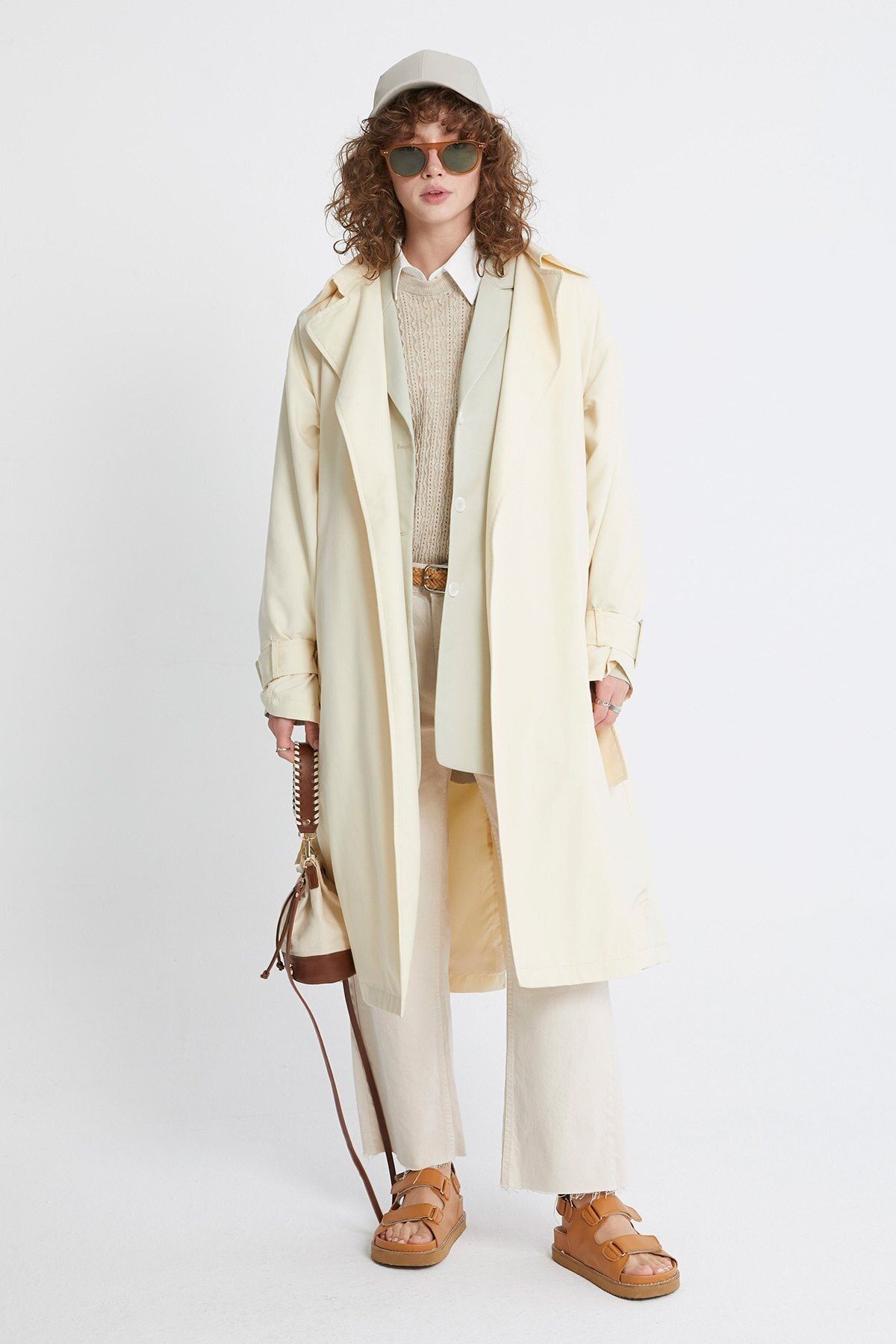 Suud Collection Krem Rengi Tokalı Oversize Pamuklu Trençkot