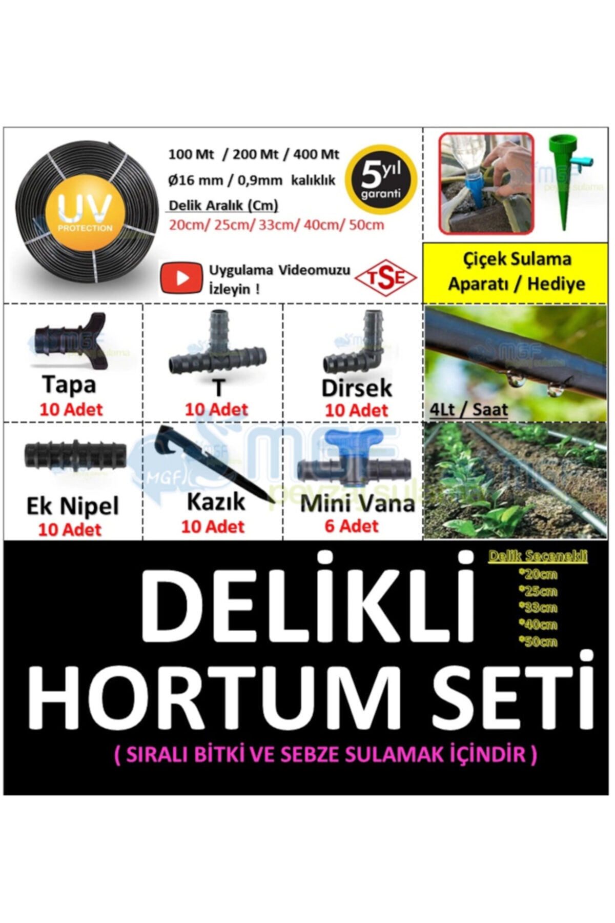 MGF PLAST Mgf 16mm. 400mt. 33cm Delikli Damla Sulama Borusu Malzemeleri Hazır Bahçe Hortum Sulama Seti