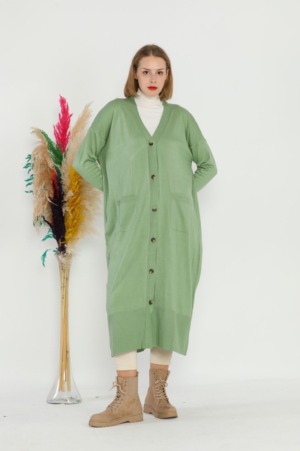 iema Kadın Çağla Yeşili Düğmeli Cepli Uzun Triko Hırka