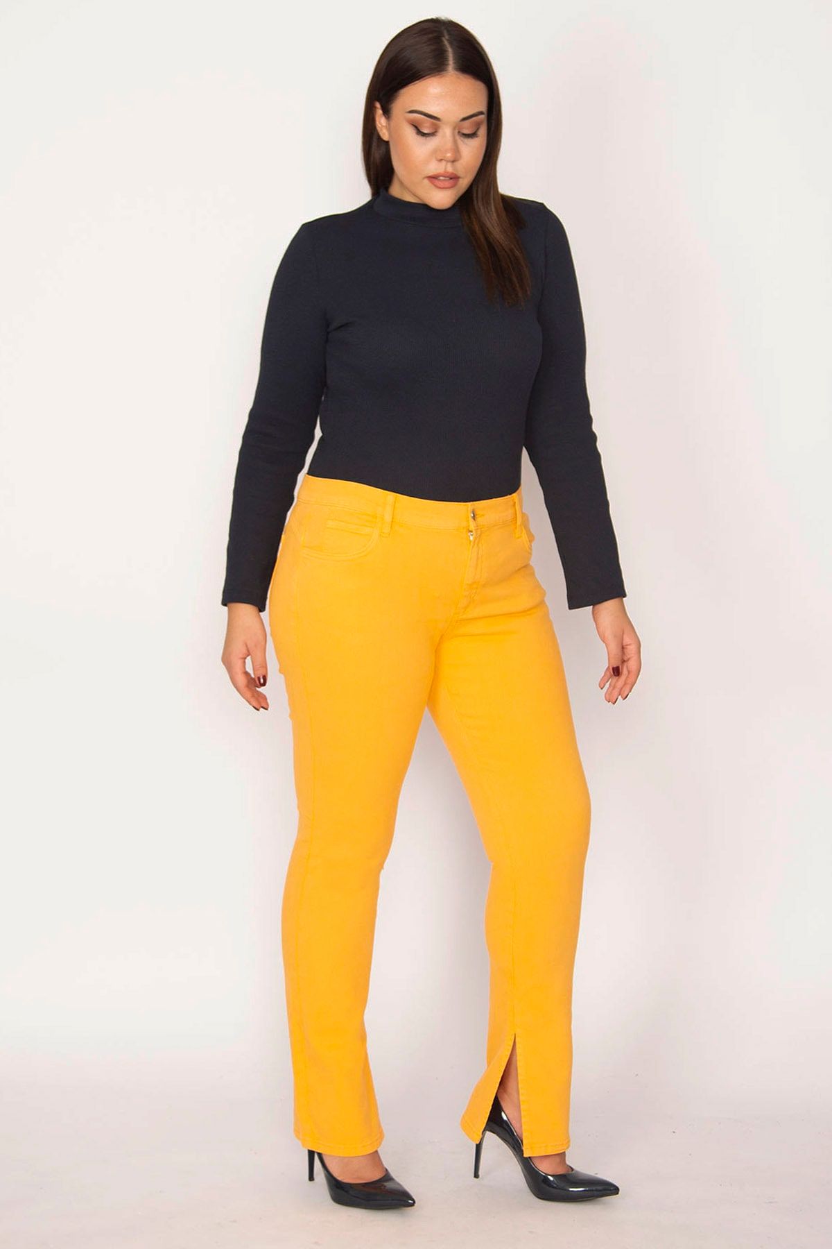 ans Women s Large Size Orange High Waist Slit 5 Pocket Jeans