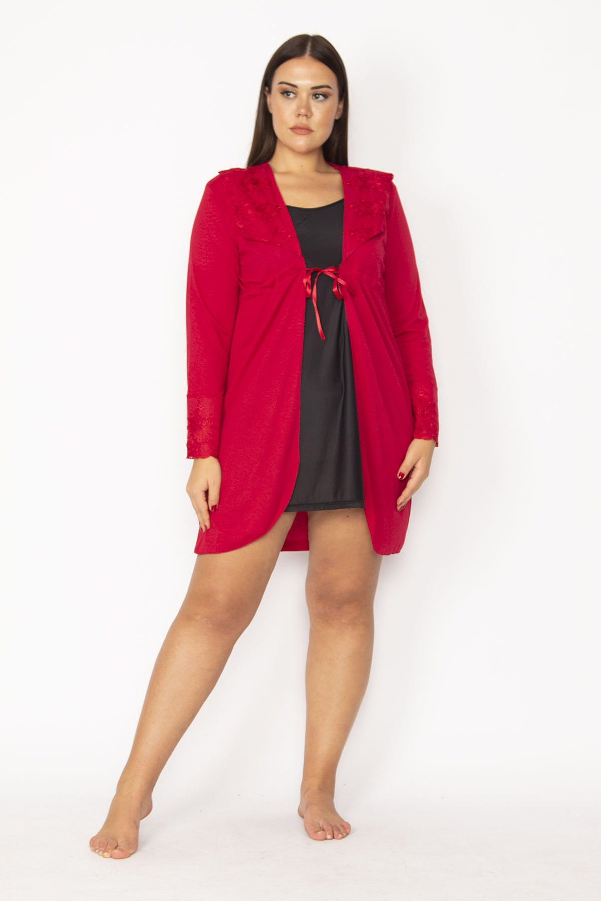 Şans Kadın Kırmızı Dantel Detaylı Sabahlık 65N29362