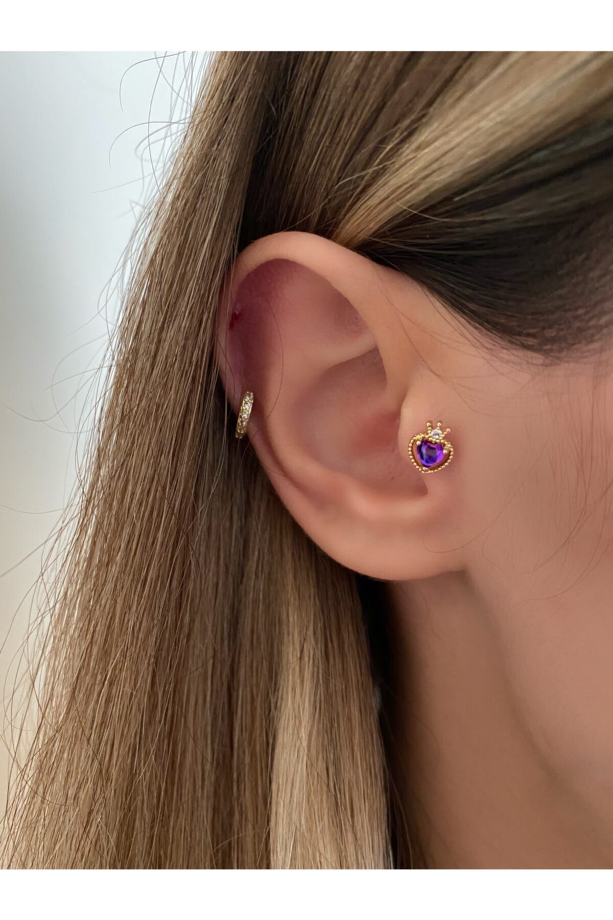Okkostore Kadın Mor Opal Taşlı Kalp Tragus Kıkırdak Piercing