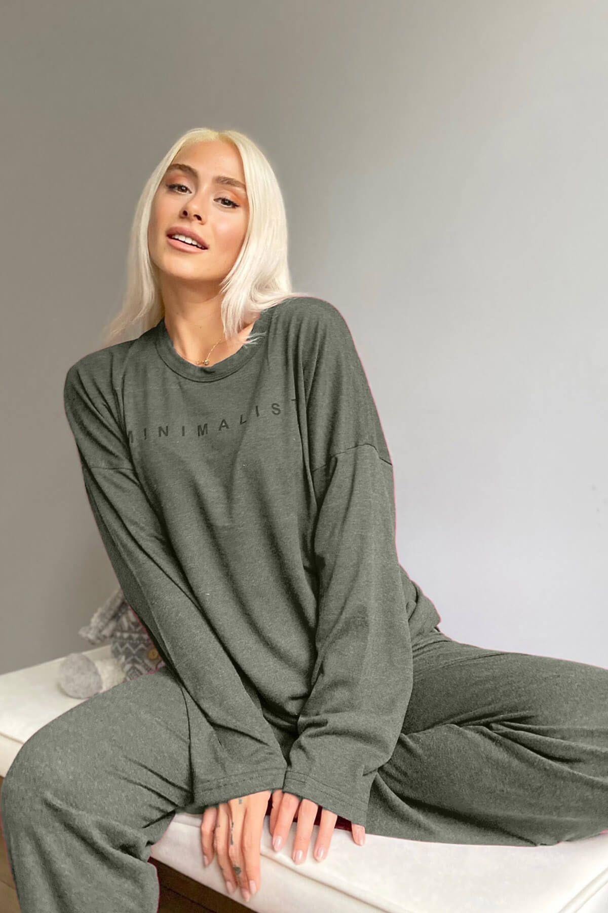 Pijamaevi Yeşil Minimalist Baskılı Bambu Uzun Kol Kadın Pijama Takımı