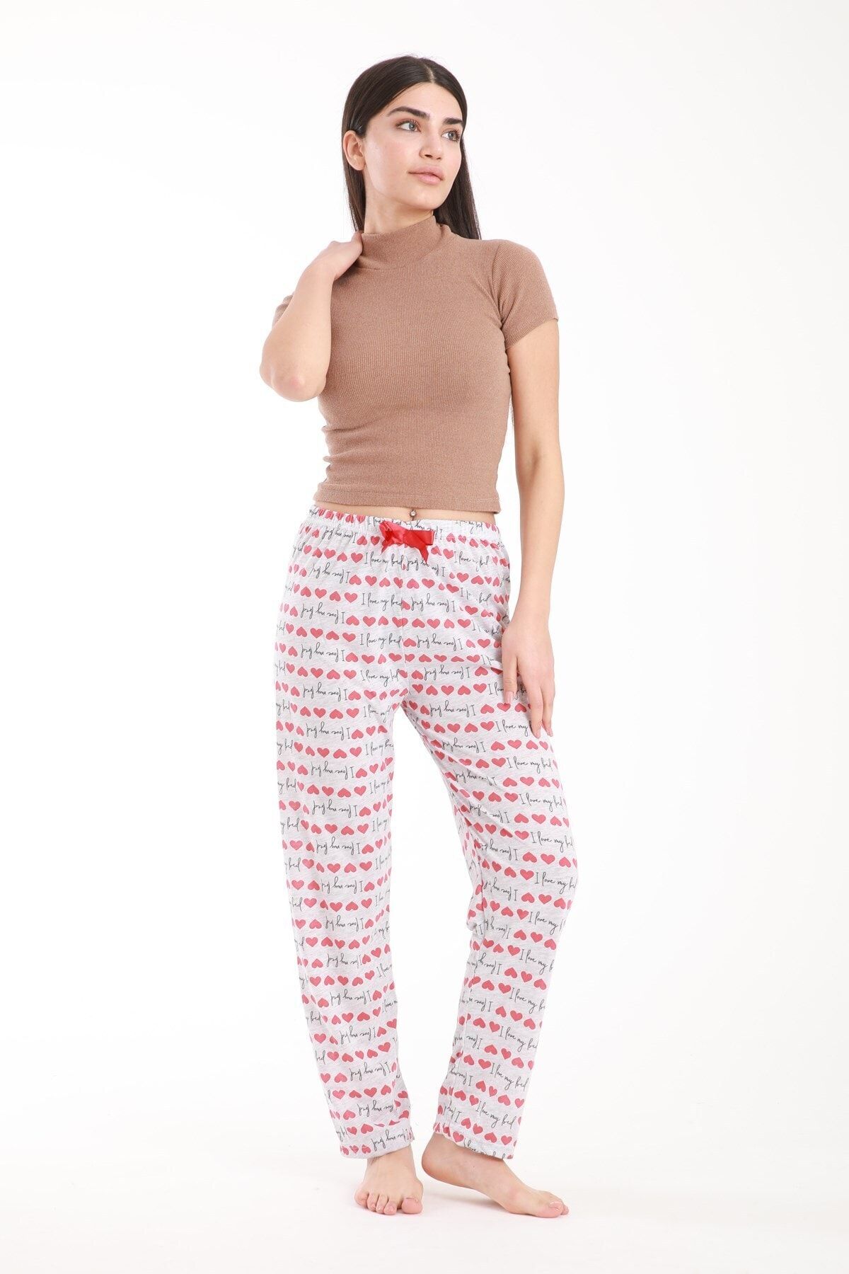 Pemilo Kadın 573-29 Kalp Desenli Tek Alt Pijama Gri