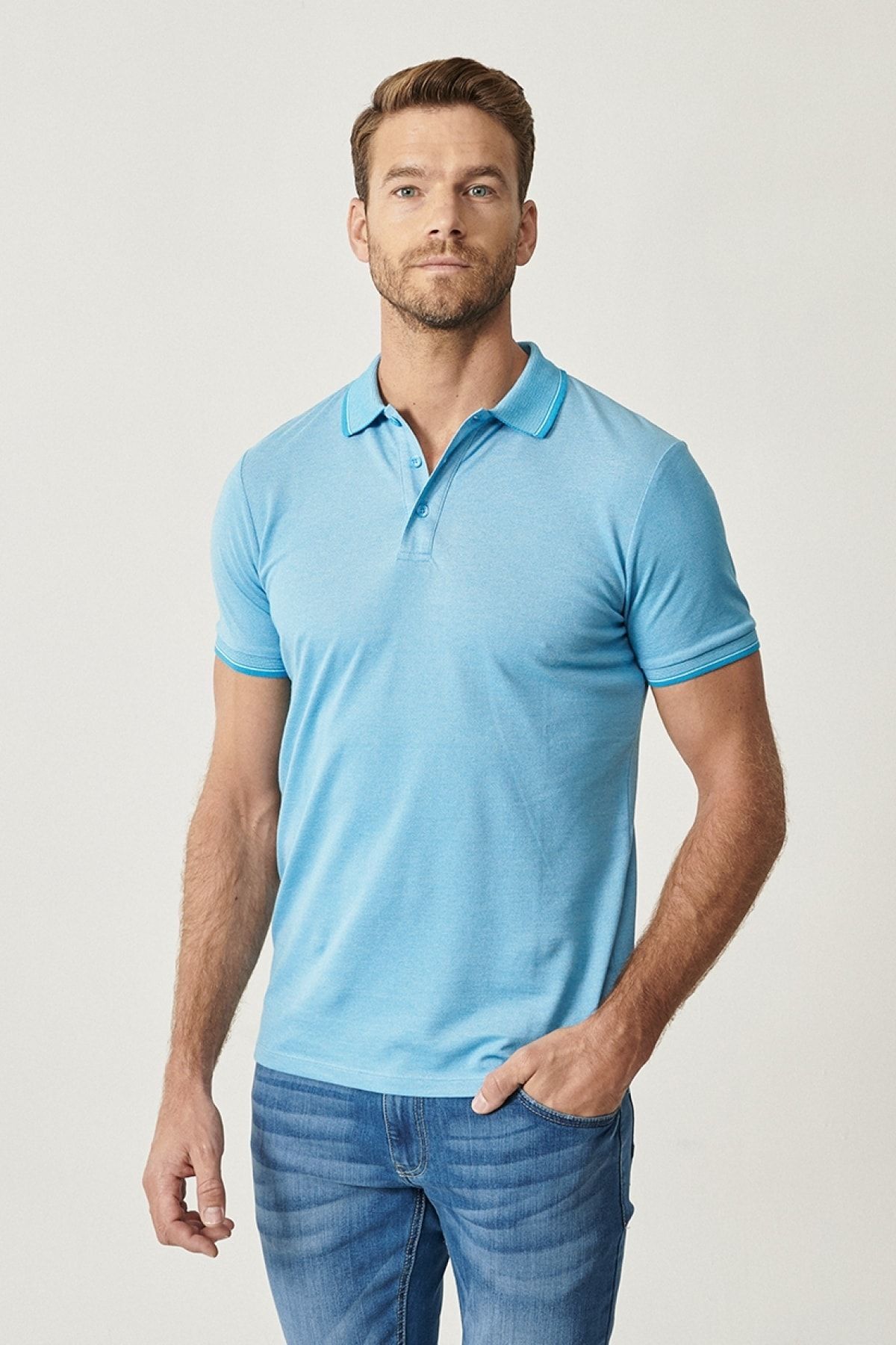 ALTINYILDIZ CLASSICS Erkek Mavi Düğmeli Polo Yaka Cepsiz Slim Fit Dar Kesim Düz Tişört