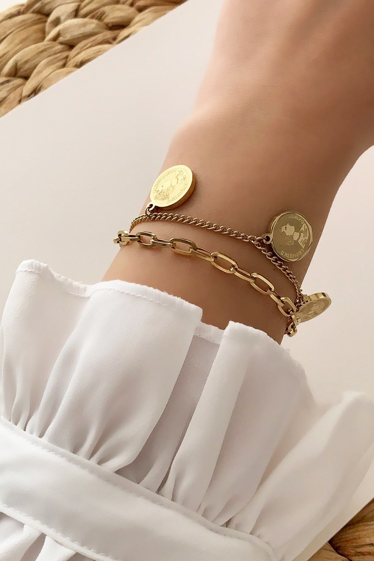 Çlk Accessories Çelik Madalyon Bileklik Ikili Geçmeli Zincir Model Çelik Bileklik Trbilek7738 B3500