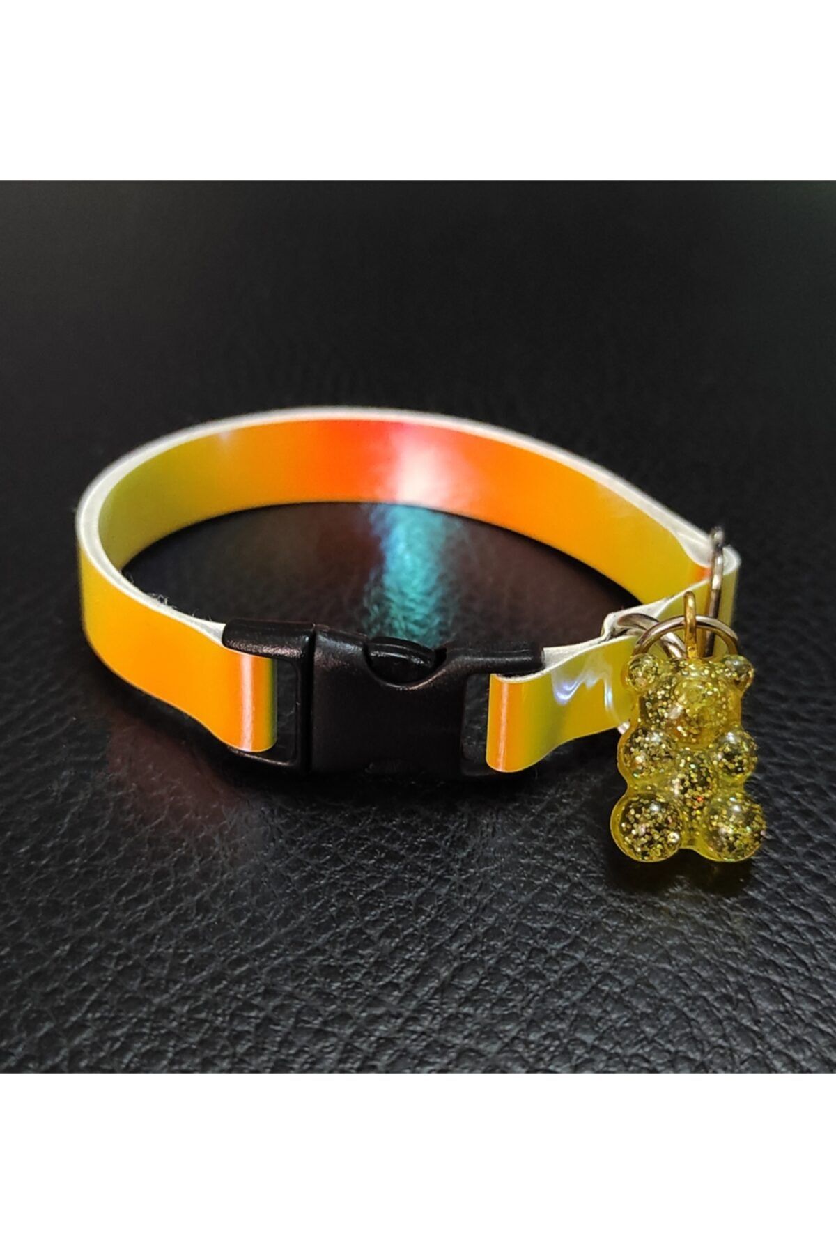 CASELN Ayarlanabilir Sarı Simli Jelibon Ayıcık Sarı-pembe Hologram Kedi Ve Küçük Irk Köpek Tasması