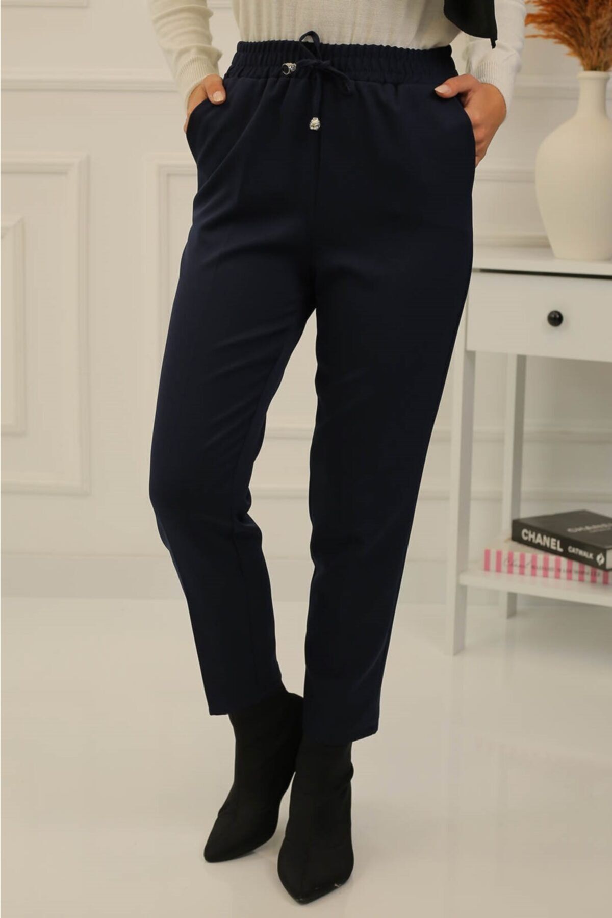 İmajButik Beli Lastikli Bilek Boy Pantolon/lacivert