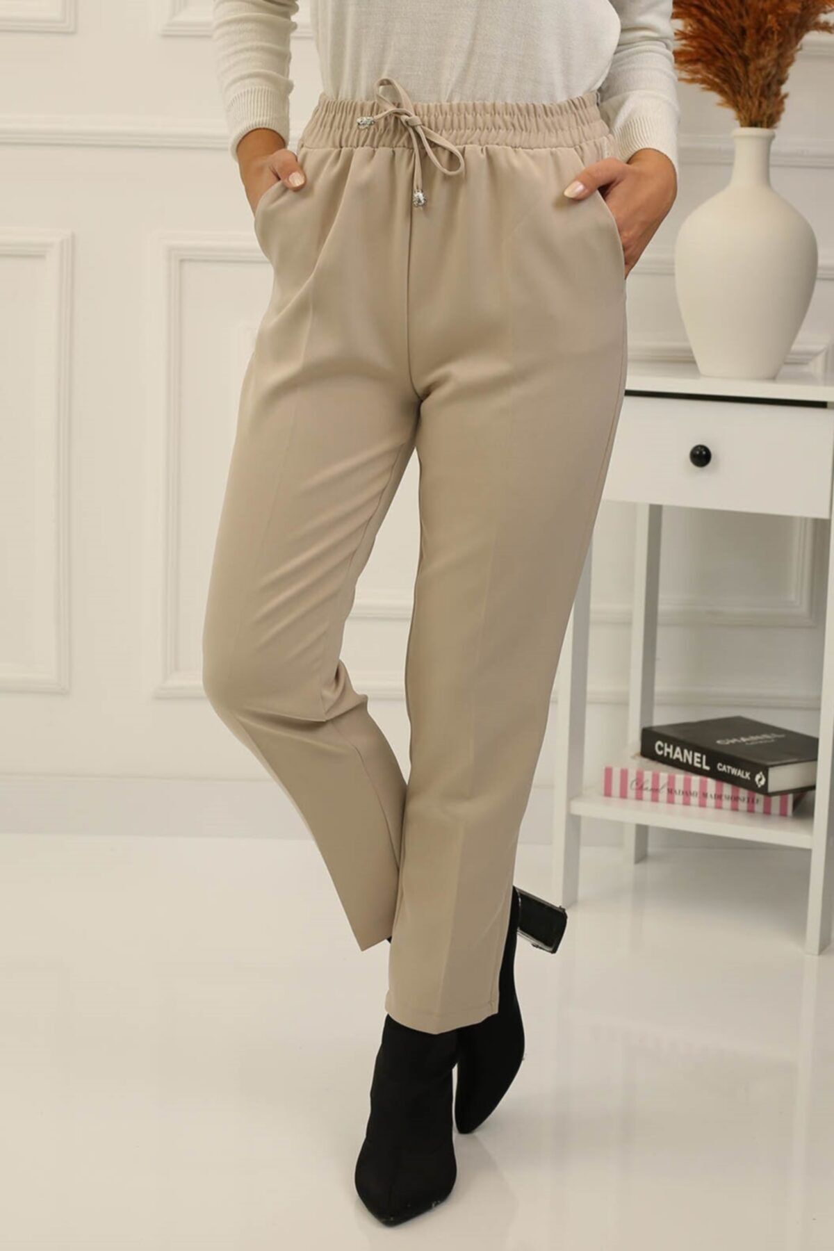 İmajButik Beli Lastikli Bilek Boy Pantolon/bej