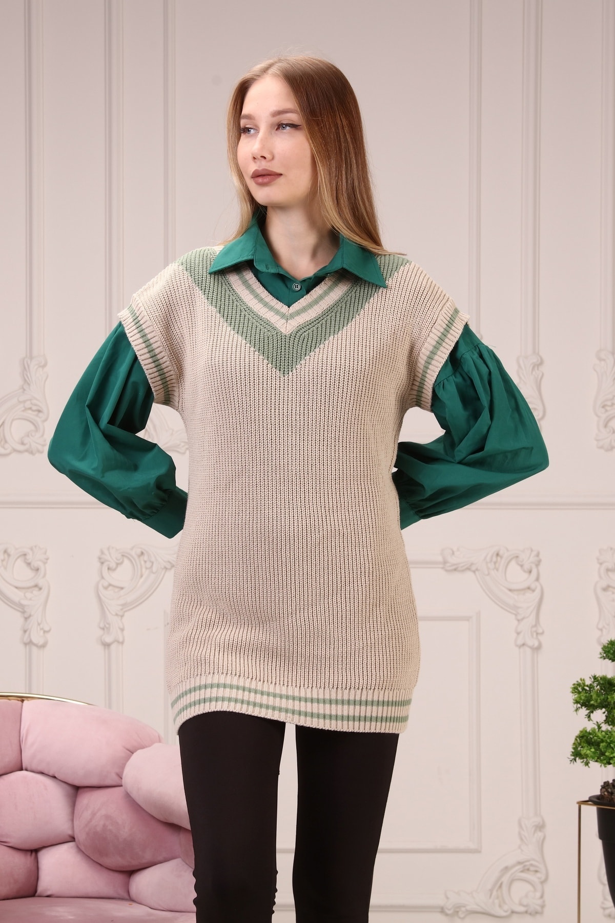 Fashion Fox Kadın Bej-yeşil Süveter