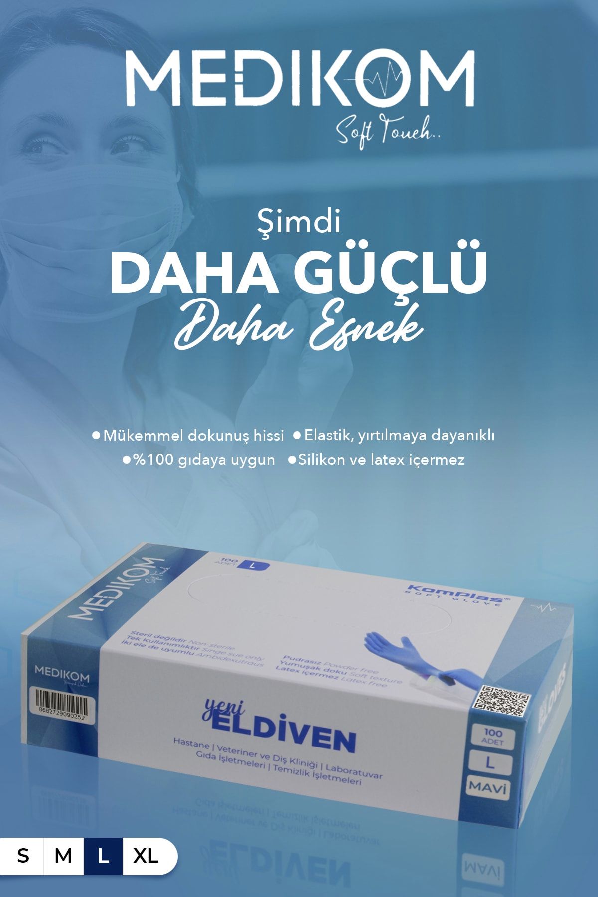 MEDİKOM Soft Glove %100 Tpe Eldiven 100'lü Pudrasız Mavi Large