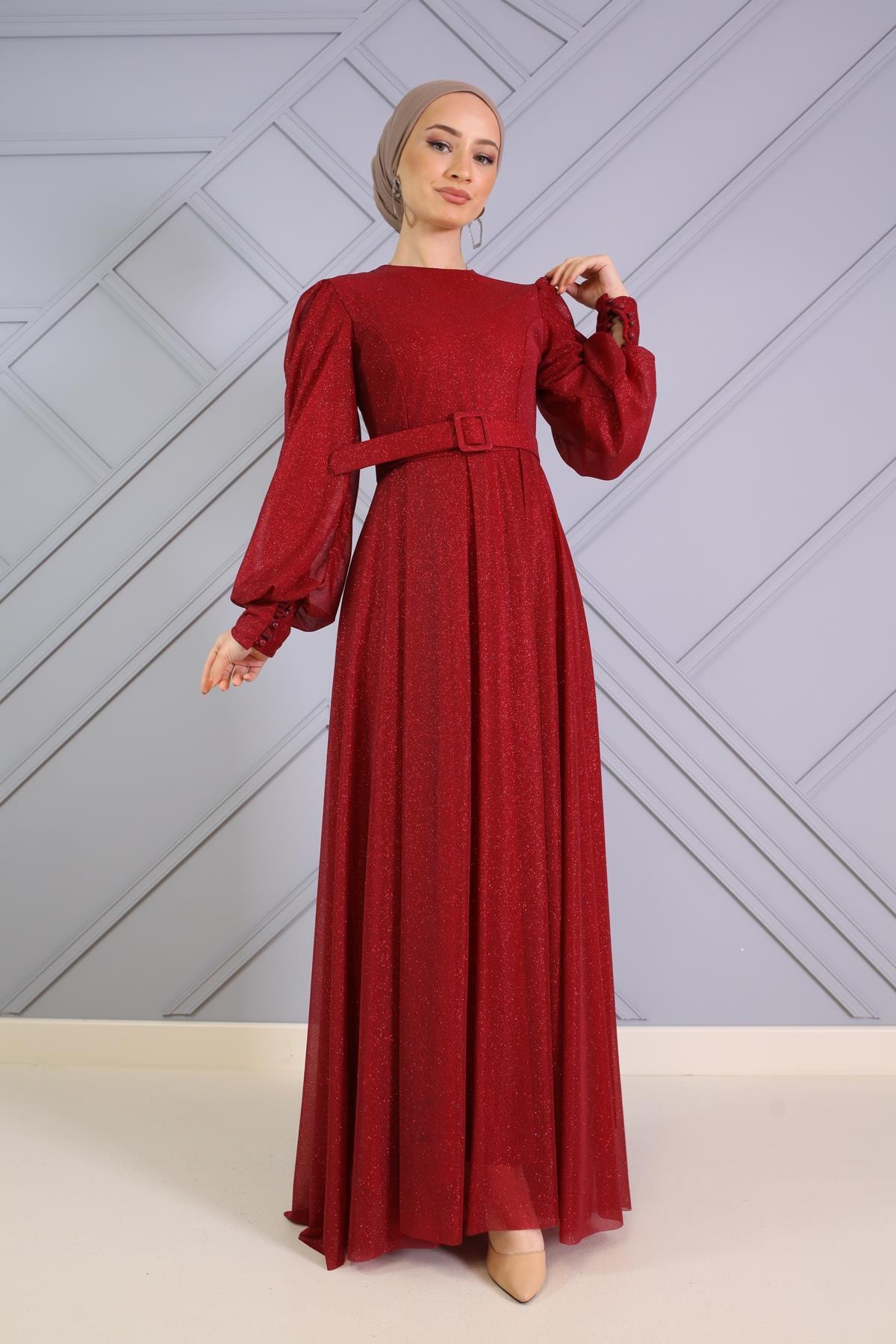 Şule Giyim Balon Kol Kemerli Tesettür Abiye Bordo