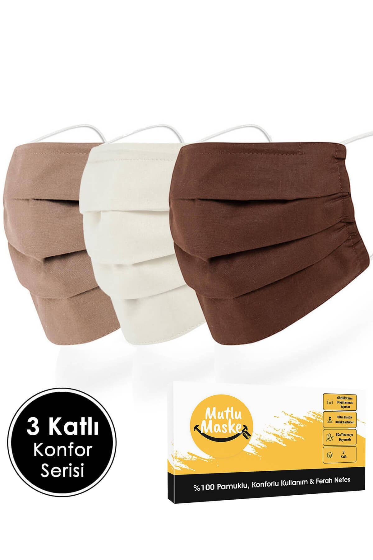 Mutlu Maske Konfor Modeli 3 Katlı Telli Renkli Pamuklu Kumaş Yıkanabilir Bez Maske Çeşitleri 3'lü Set (3 RENK)