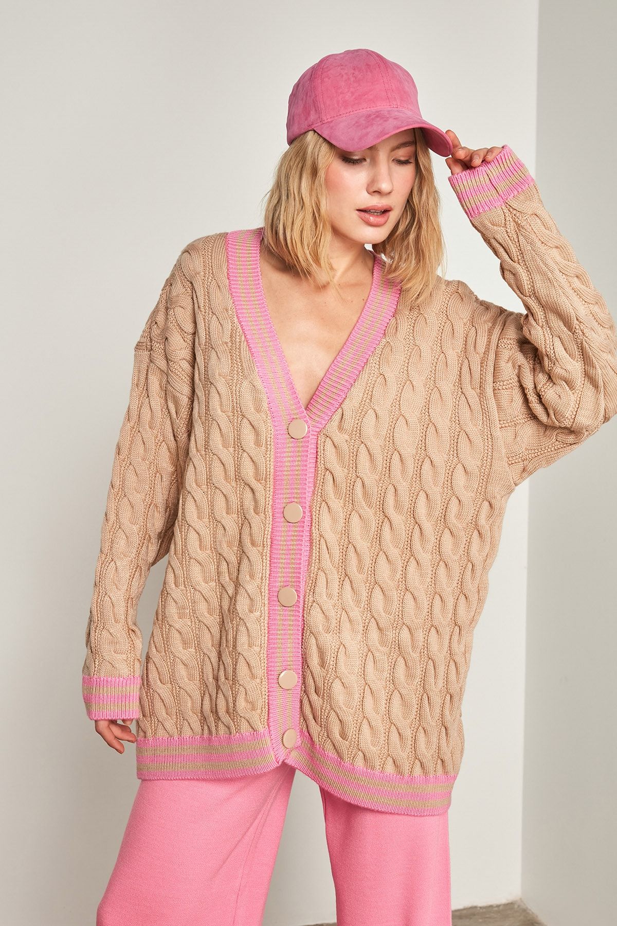 YLondon Kadın Camel Zincir Örgülü Pembe Şerit Renkli Triko YL-HR99963