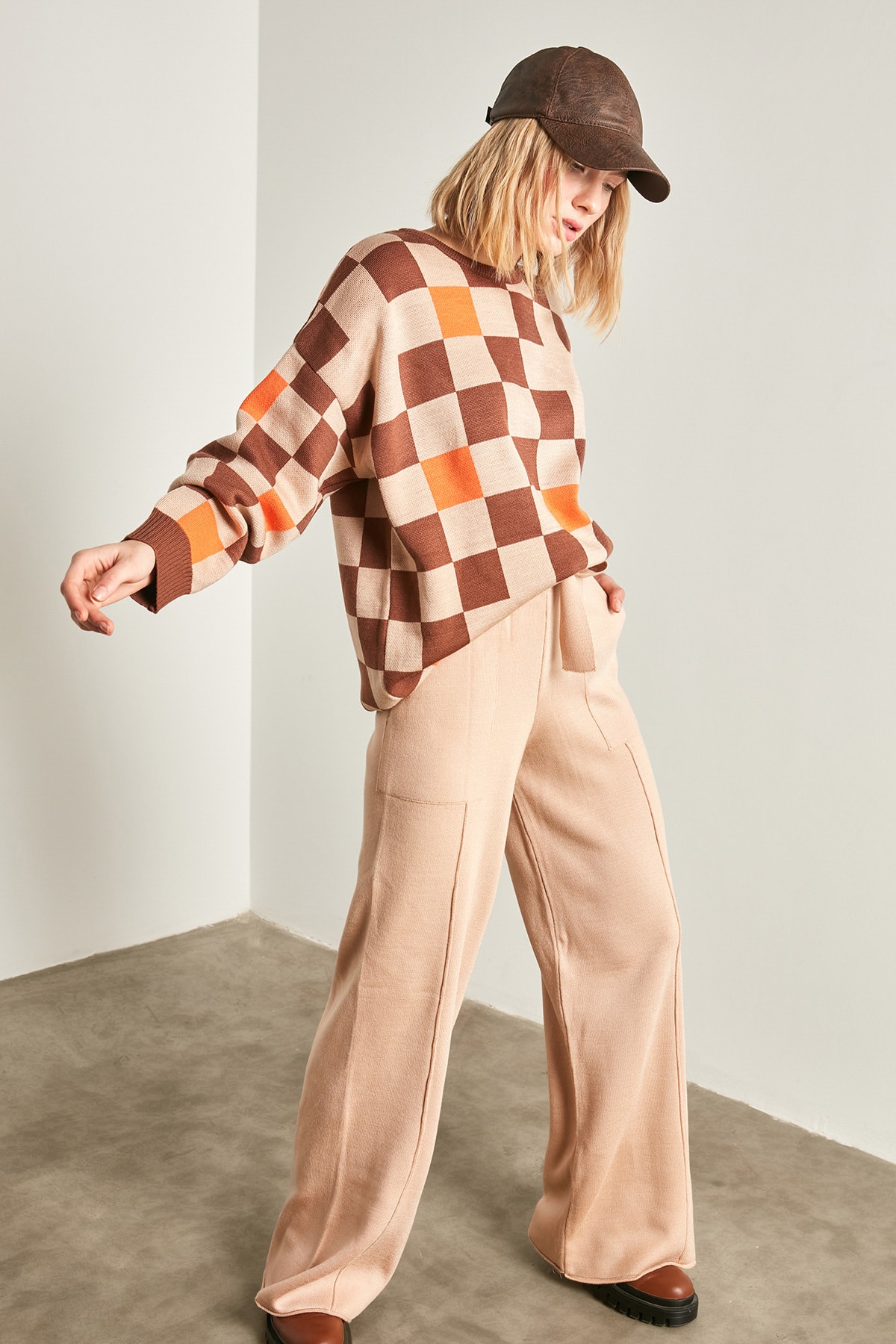 YLondon Kadın Camel Dama Ekose Triko Alt Üst YL-TK99983