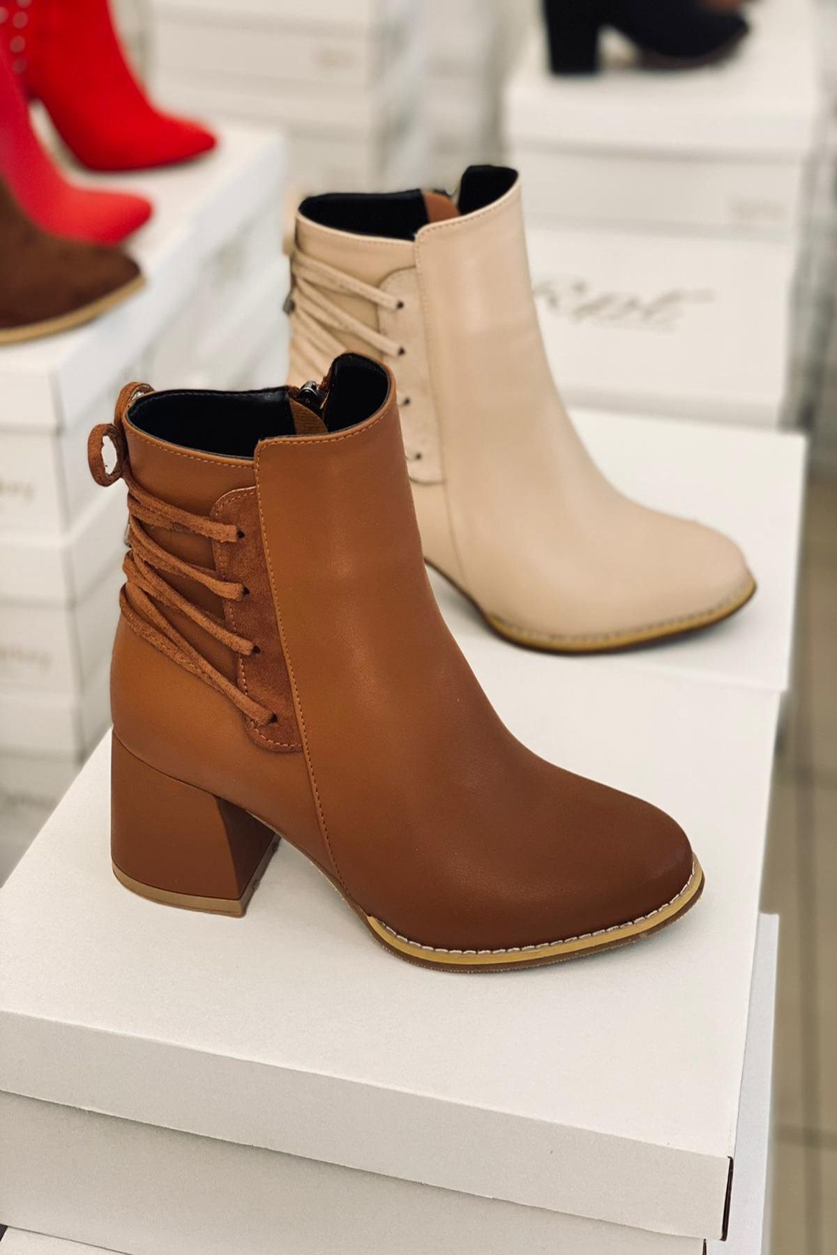 Mida Shoes Taba Deri Iplikli Fermuarlı Kadın Bot