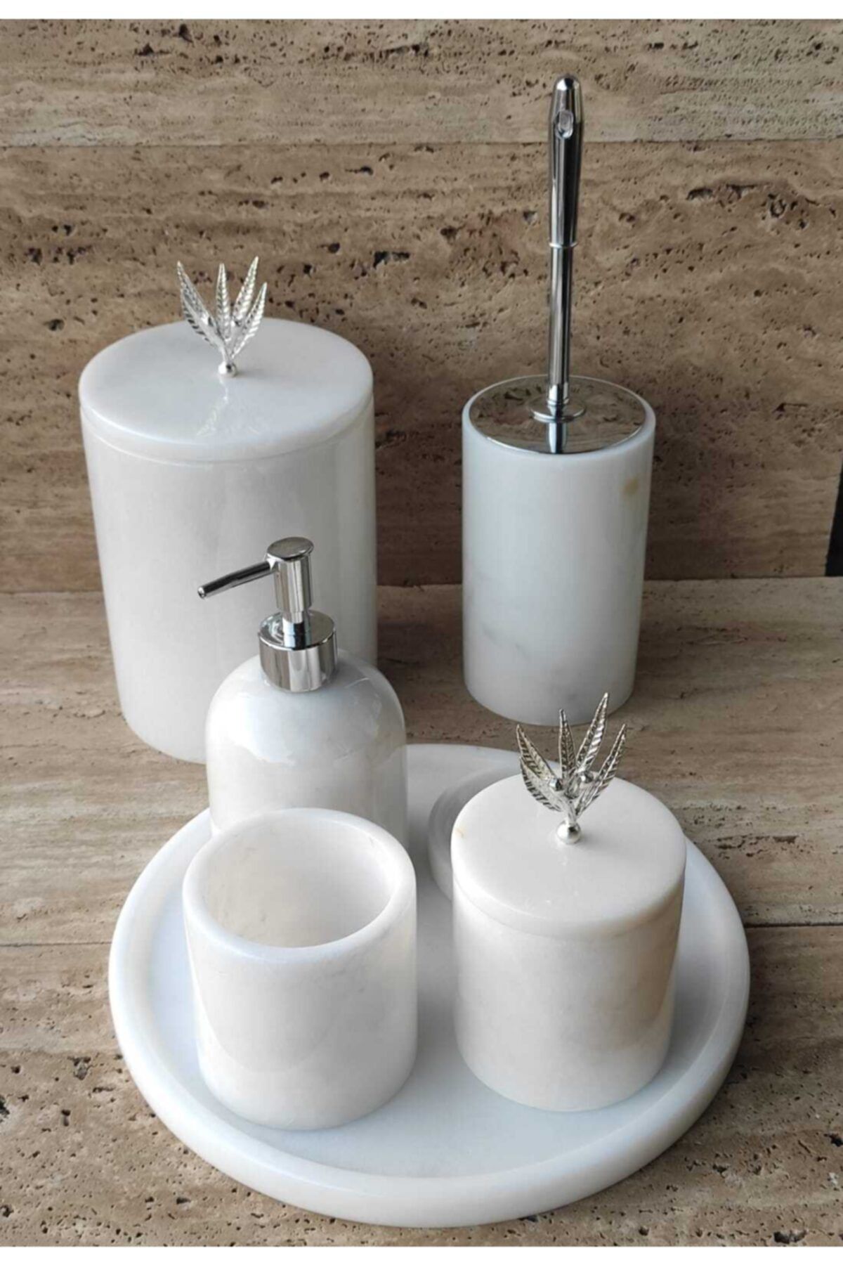Polen Stone Beyaz Mermer 7'li Başak Krom Aksesuarlı Banyo Seti