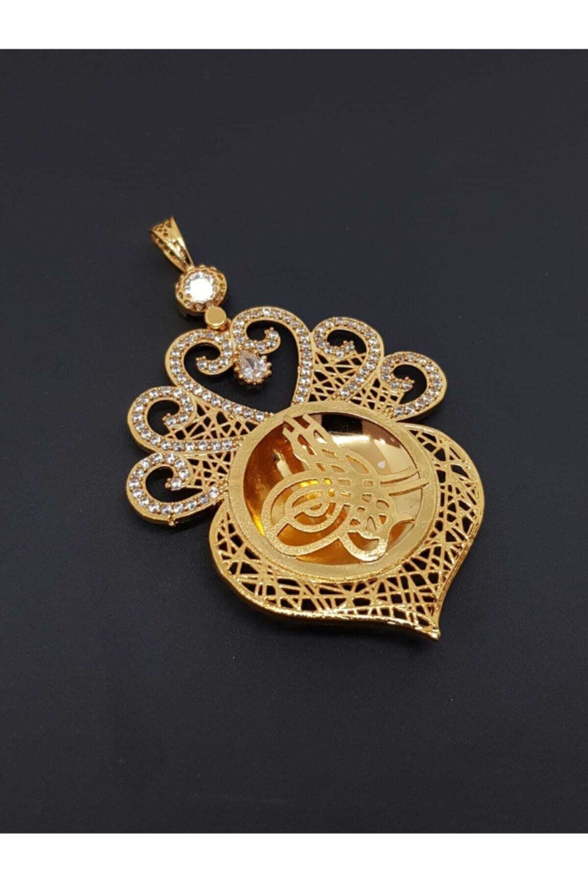 TURKUAZ Gold Kaplama Zirkon Taşlı Tuğralı Motifli Kolye Ucu Yeni Sezon Kararmaz