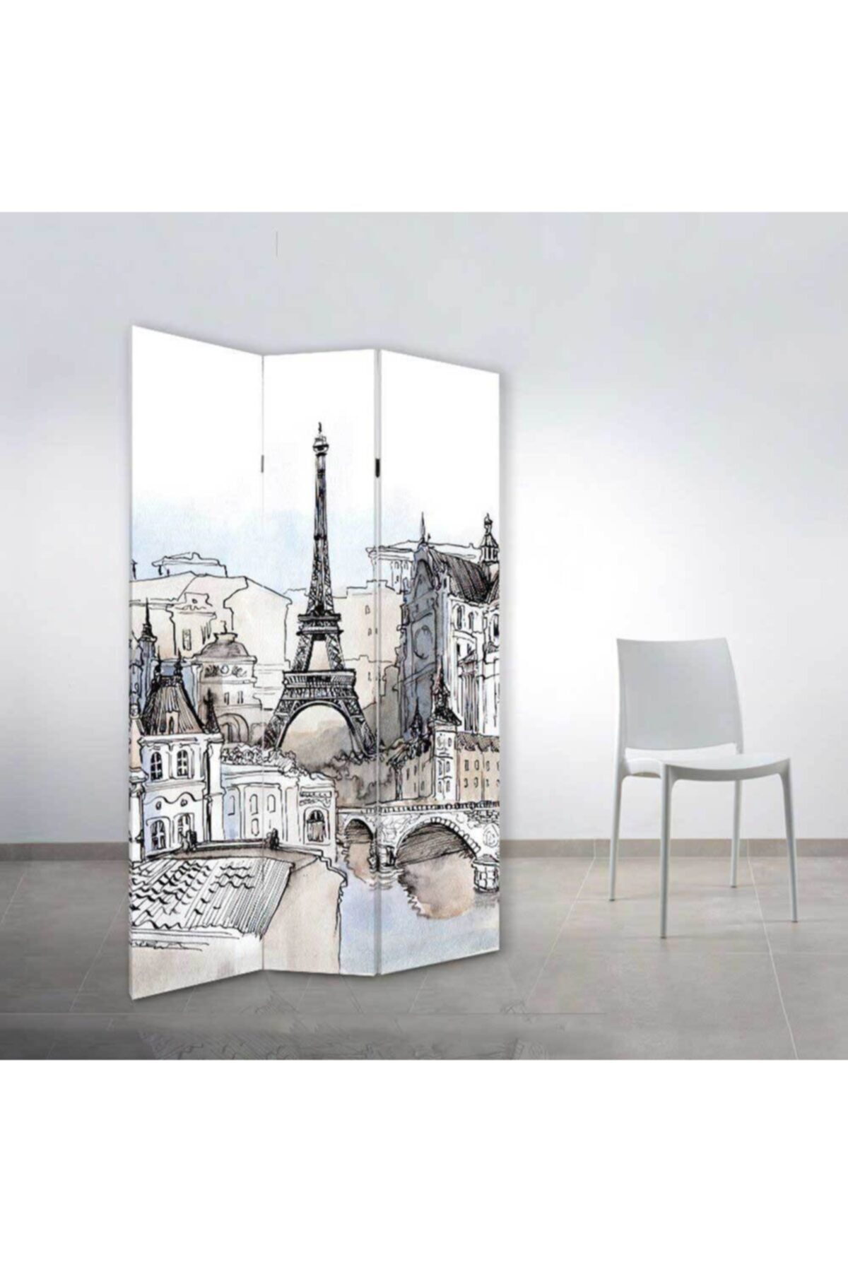 StellaStore Paris Manzarası 3 Kanatlı Oda Bölücü Çift Taraflı Kanvas Paravan