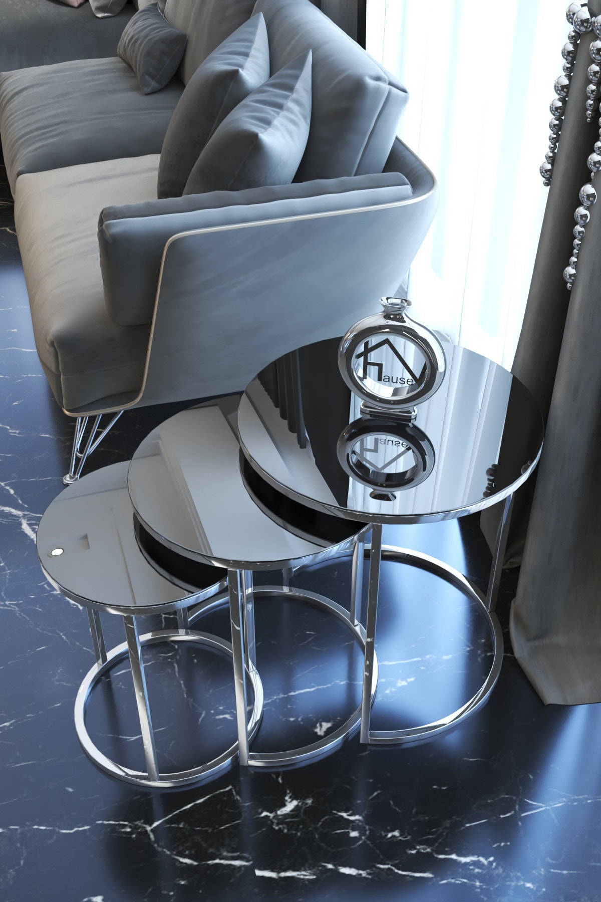 ARDHOUSE C Gümüş Metal Zigon Sehpa Füme Aynalı