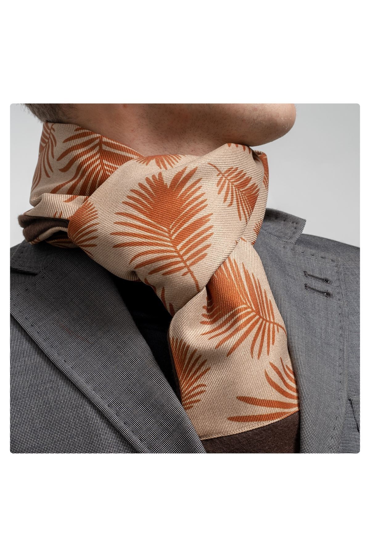 Exve Exclusive Krem Turuncu Yaprak Desen Çift Taraflı Atkı