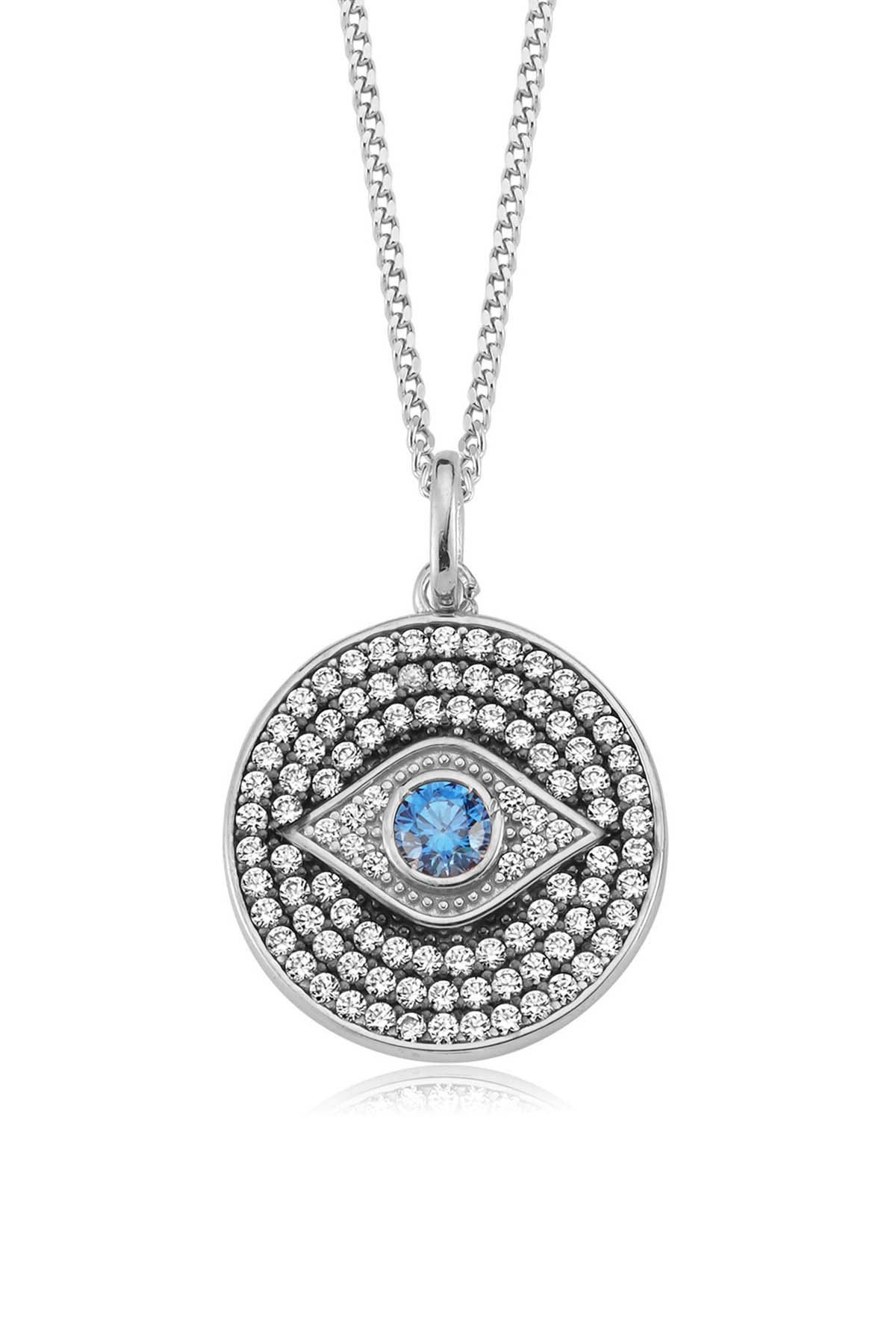 Valori Jewels Madalyon Nazar Gözü, Zirkon Mavi Ve Beyaz Taşlı, Gümüş Kolye