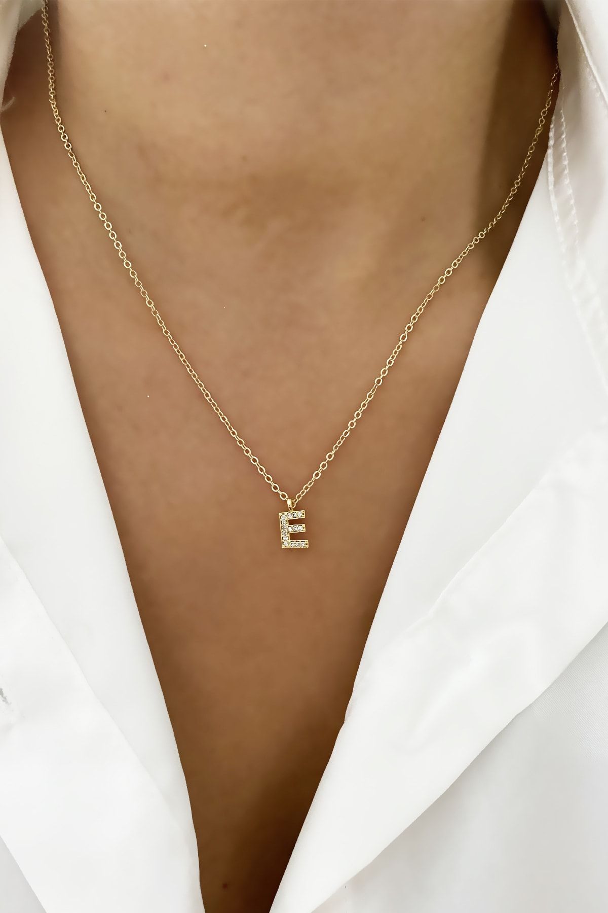 im Design Thin Chain Zircon Stone Letter Necklace Letter E Trendyol
