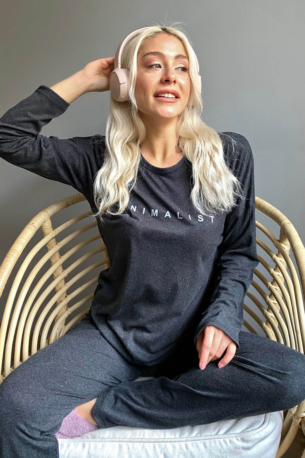 Pijamaevi Siyah Minimalist Baskılı Bambu Uzun Kol Kadın Pijama Takımı