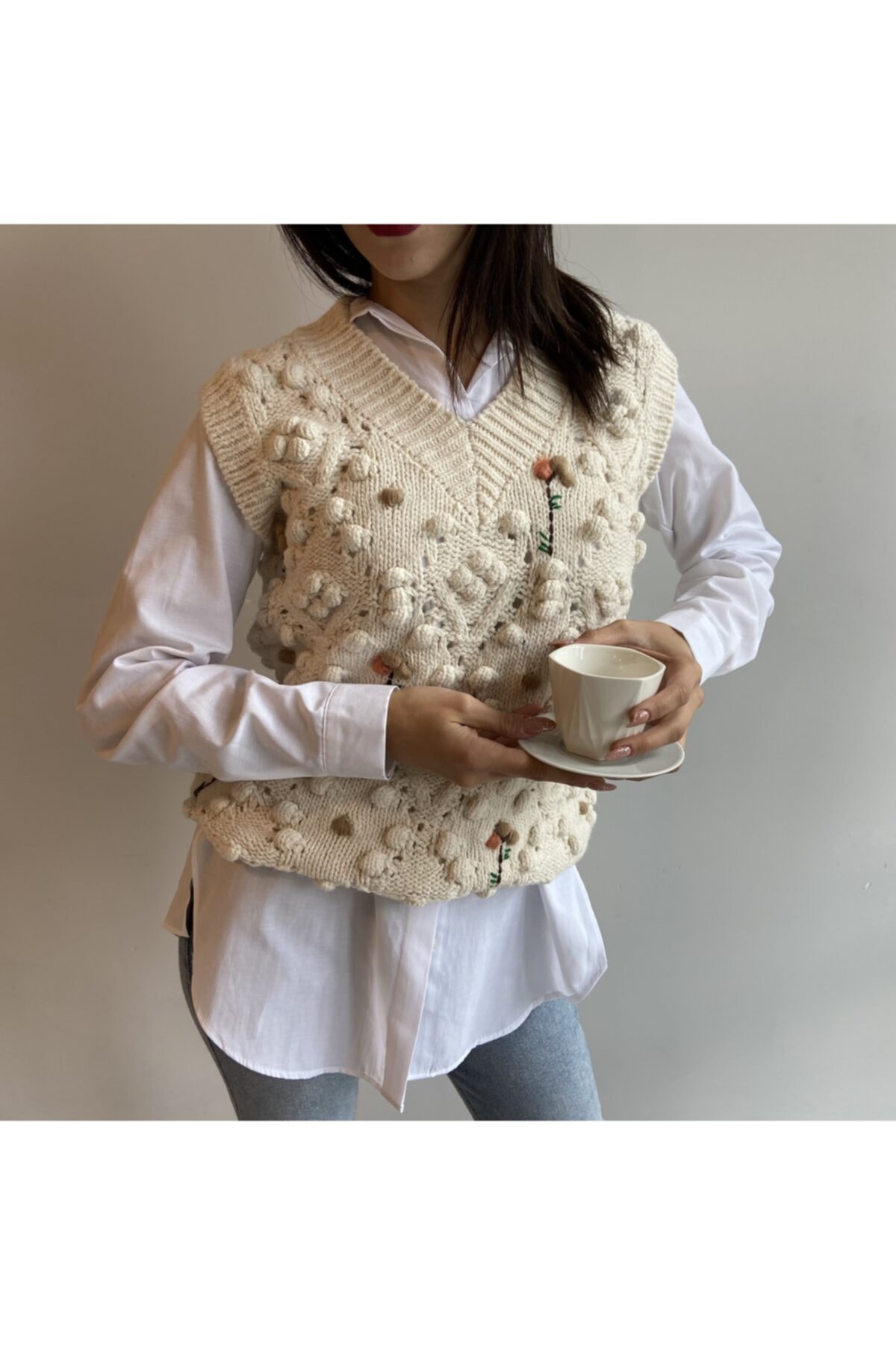 cheavons Kadın Krem Çiçekli Süveter