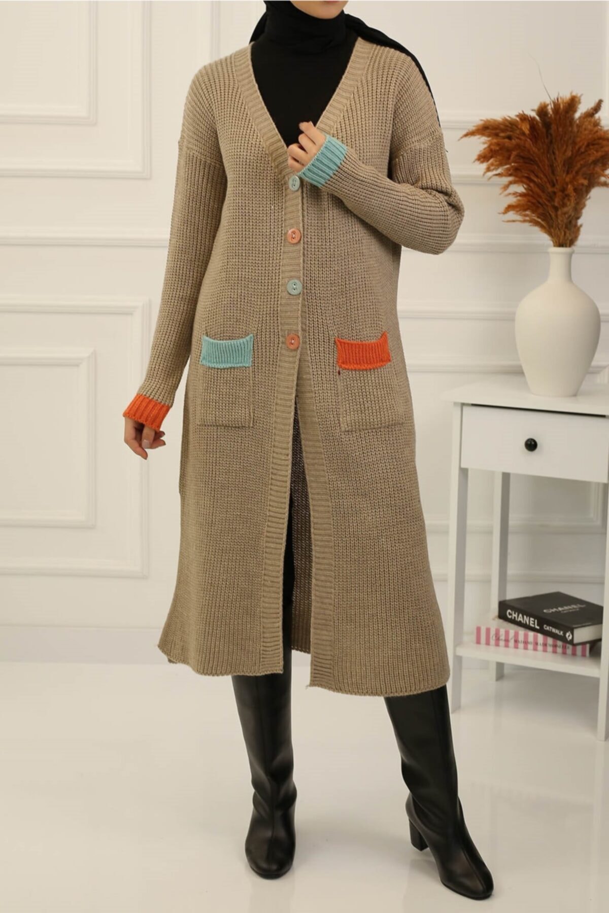 İmajButik Cep Detaylı Kalın Triko Hırka/vizon