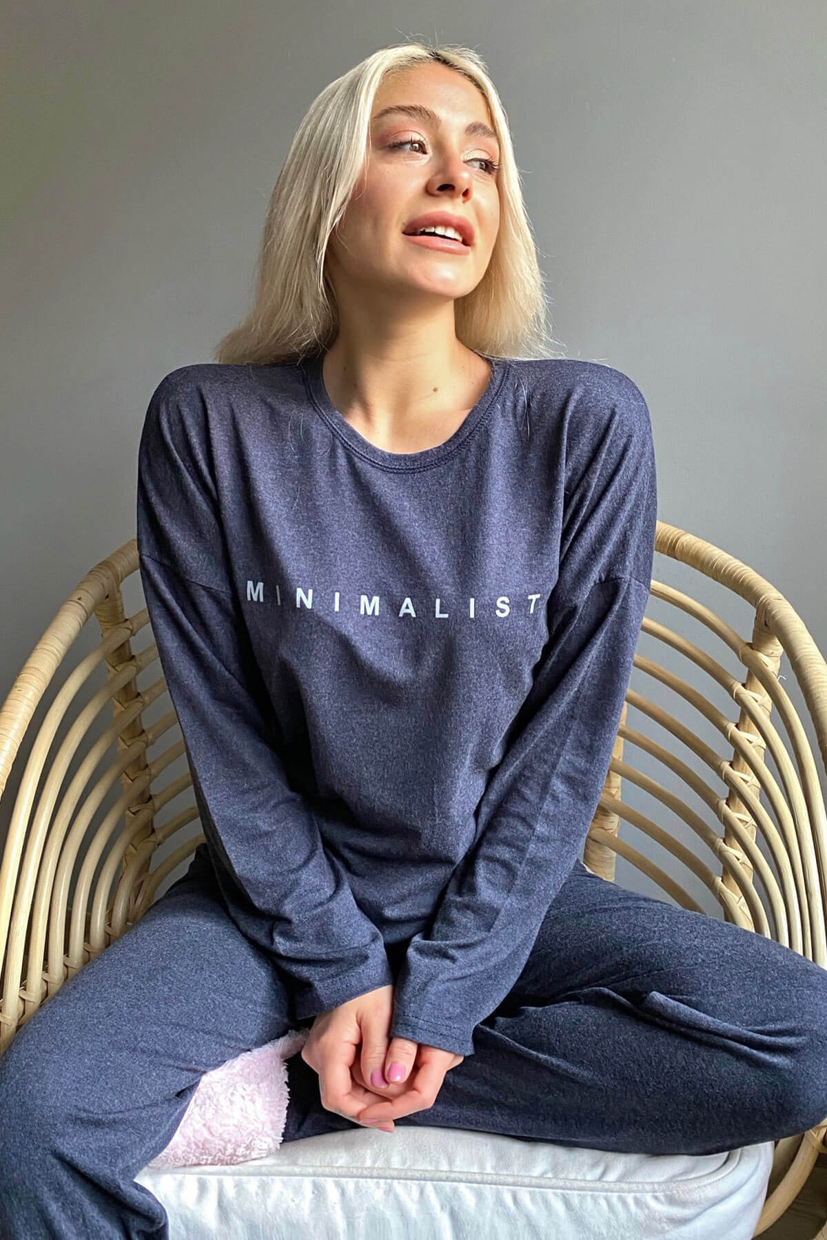 Pijamaevi Lacivert Minimalist Baskılı Bambu Uzun Kol Kadın Pijama Takımı