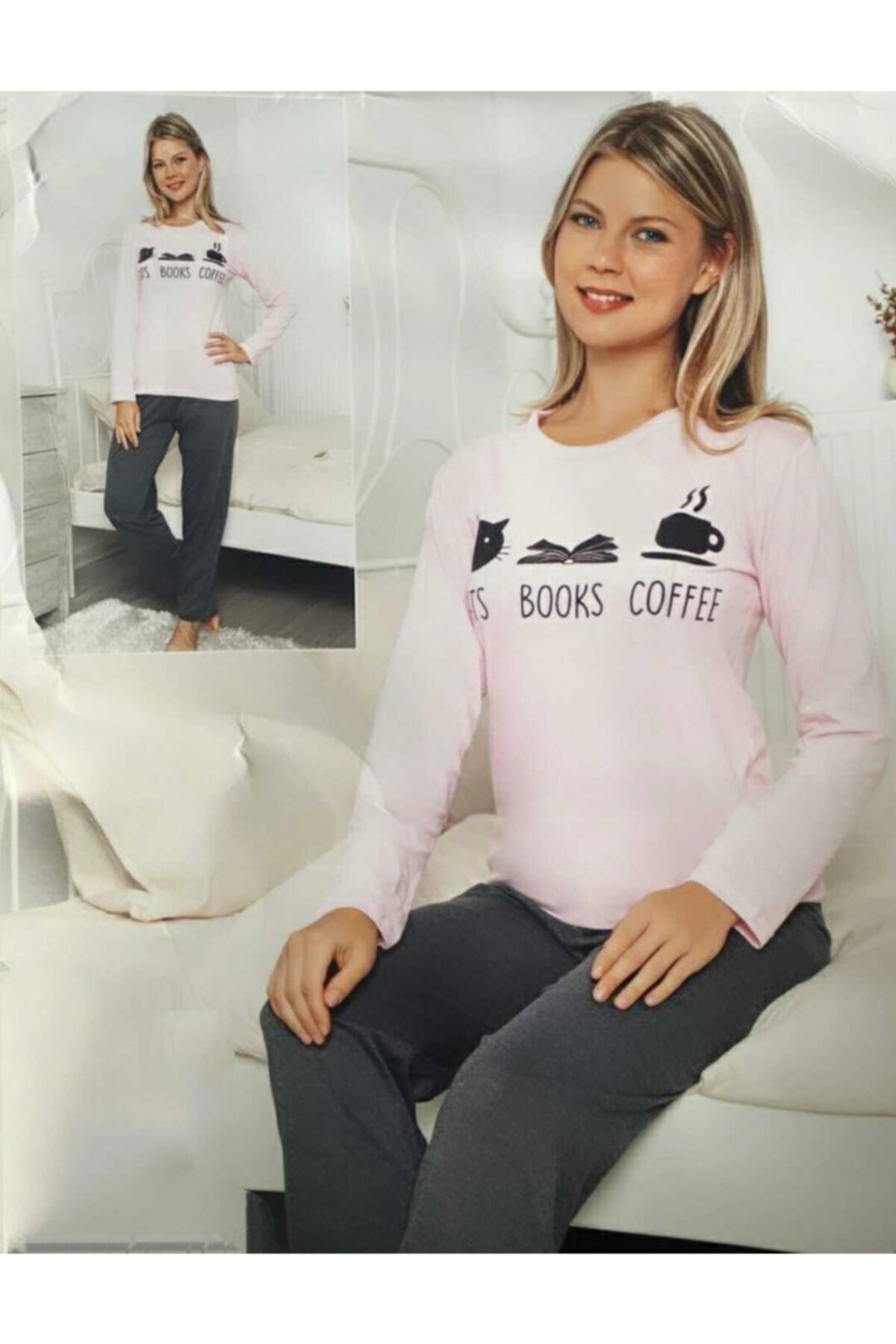 USLULAR Toz Pembe Coffee Baskılı Uzun Kollu Pijama Takımı