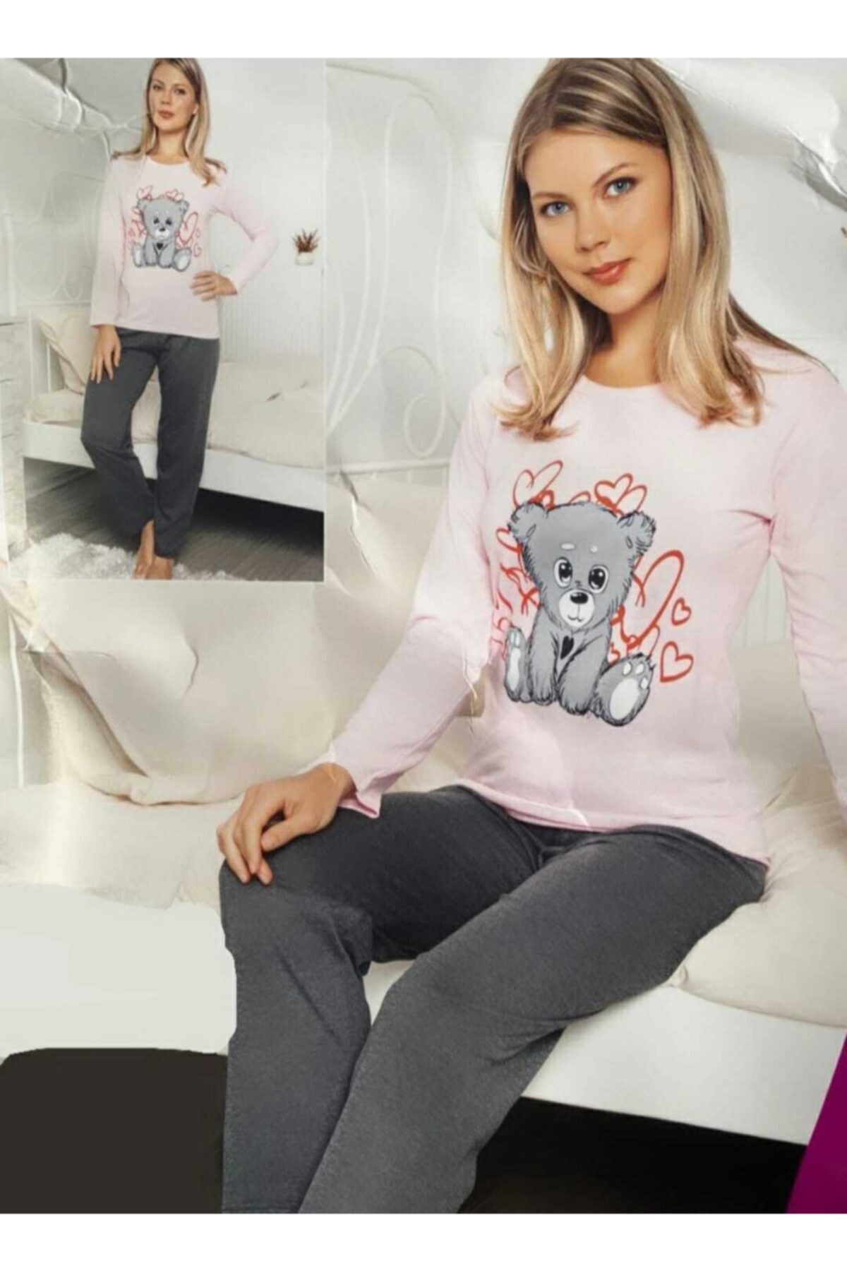 USLULAR Toz Pembe Ayıcık Baskılı Uzun Kollu Pijama Takımı