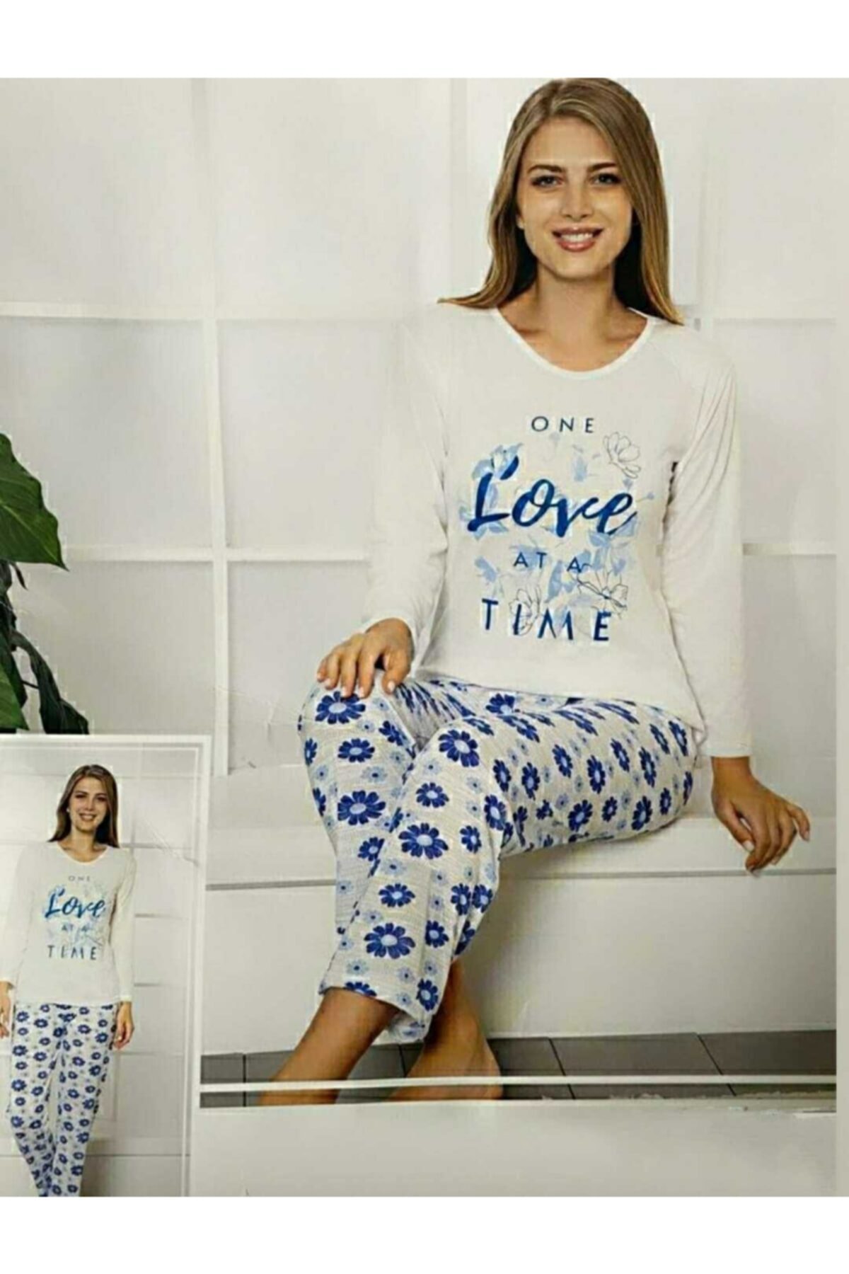 USLULAR Beyaz Love Tıme Baskılı Uzun Kollu Pijama Takımı