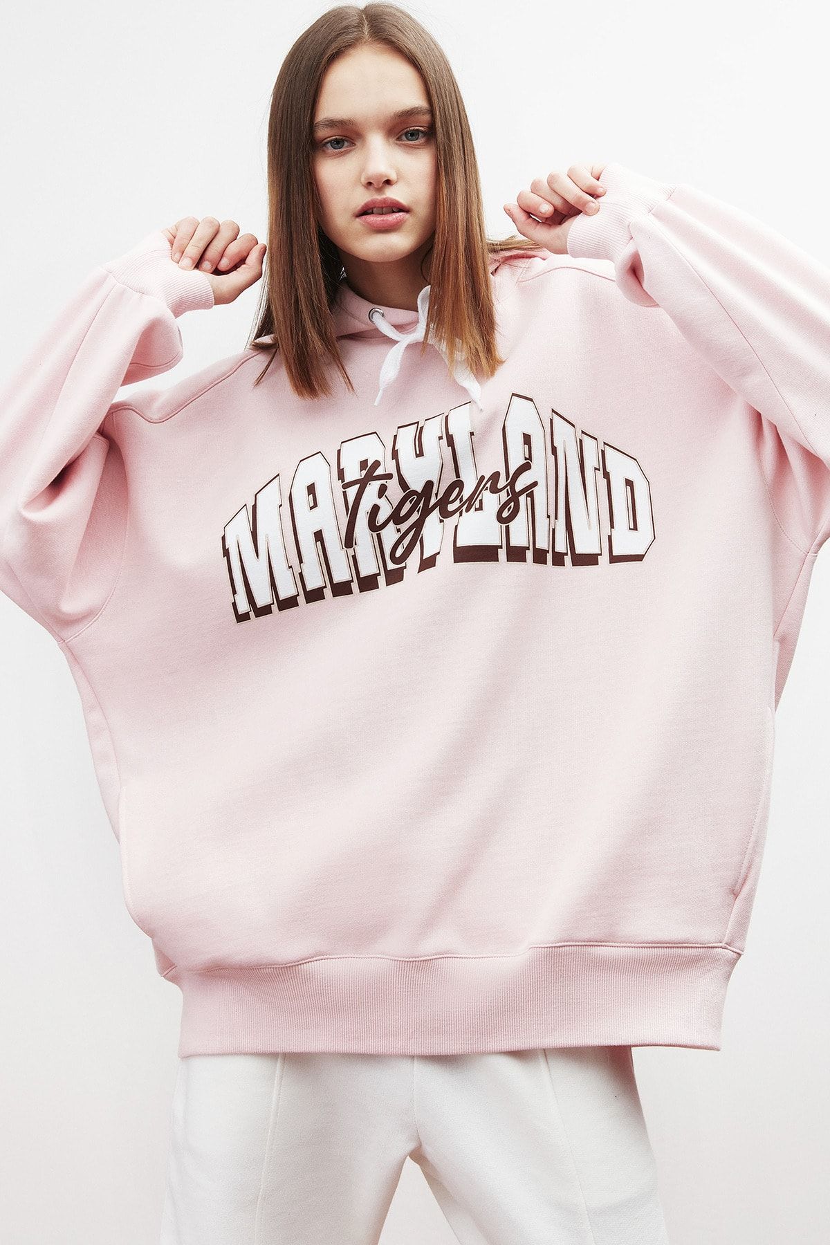 GRIMELANGE Tına Kadın Pembe Baskılı Kapüşonlu Oversize Sweatshirt