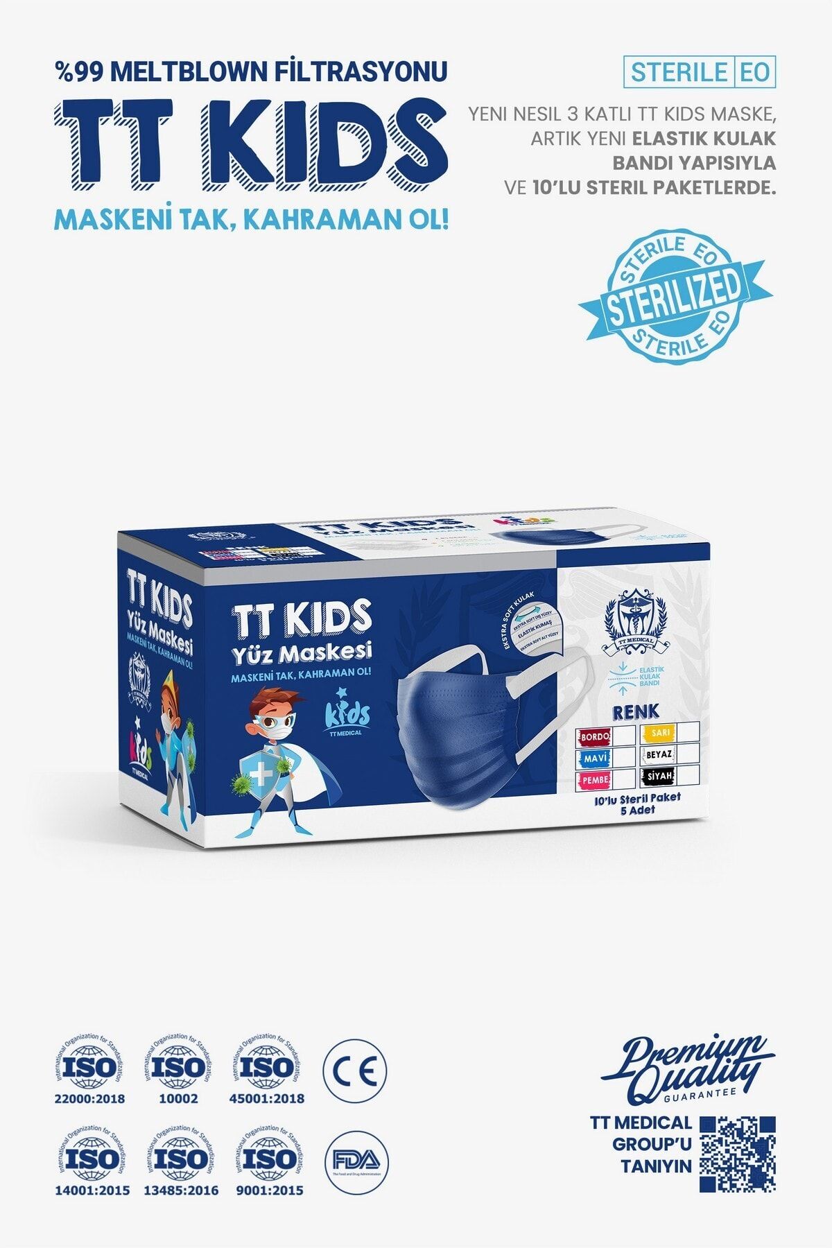 TTMedical 50 Adet Mavi Çocuklara Özel Esnek Kulak Ipli Yeni Nesil Yüz Maskesi 5'li Steril Paketli
