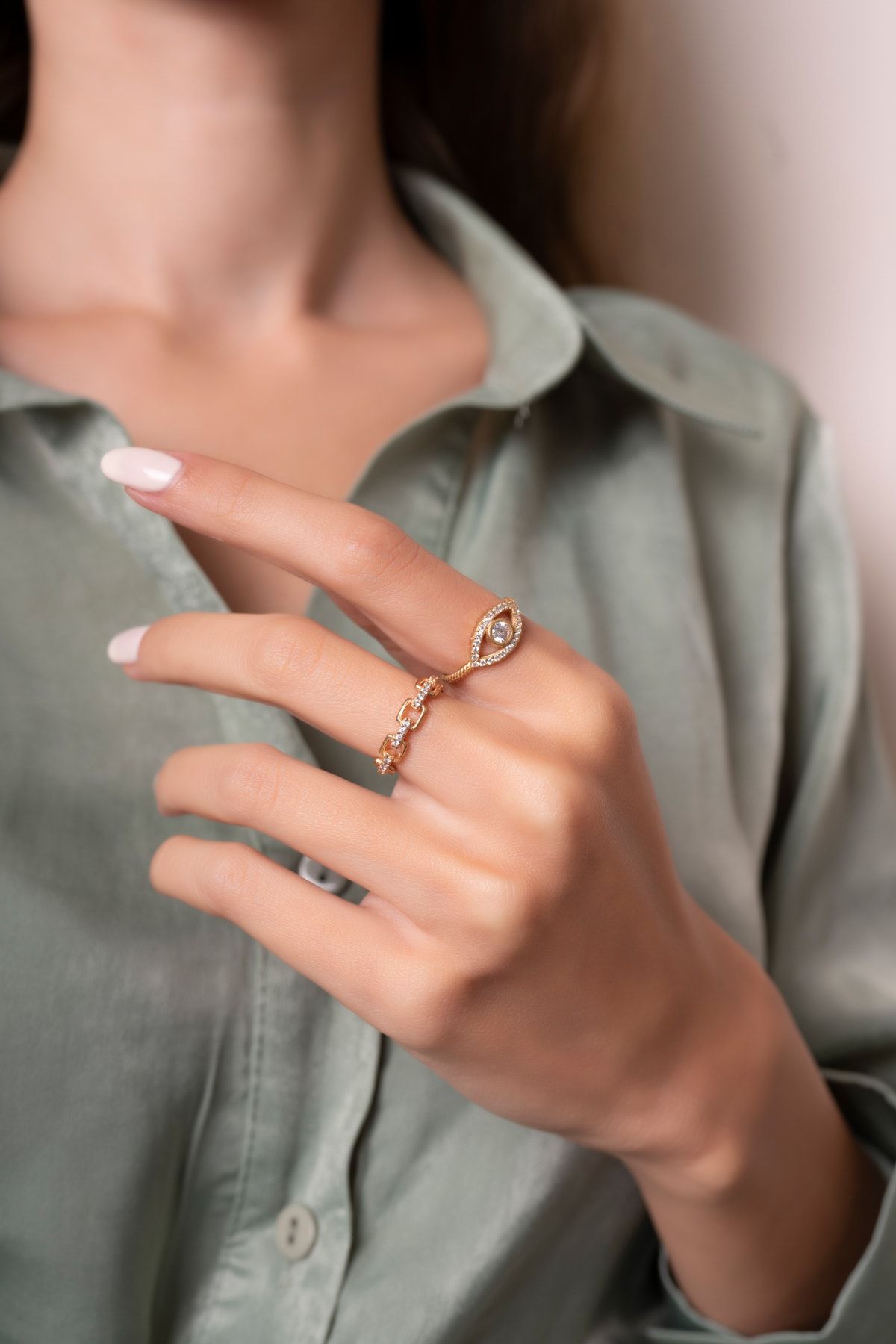 Eva Jewelry Göz Figürlü Ve Halkalı Zirkon Taşlı Ayarlanabilir 14 K Altın Kaplama 2'li Set Kadın Yüzük