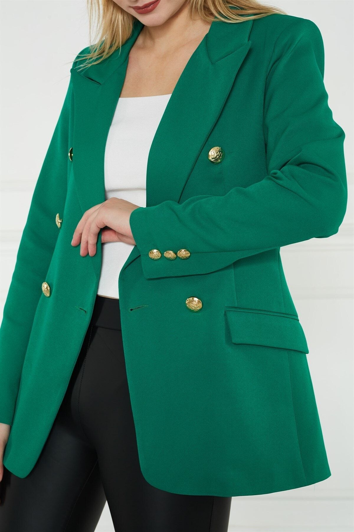 SEDA FİDAN Gold Düğmeli Blazer Ceket Yeşil