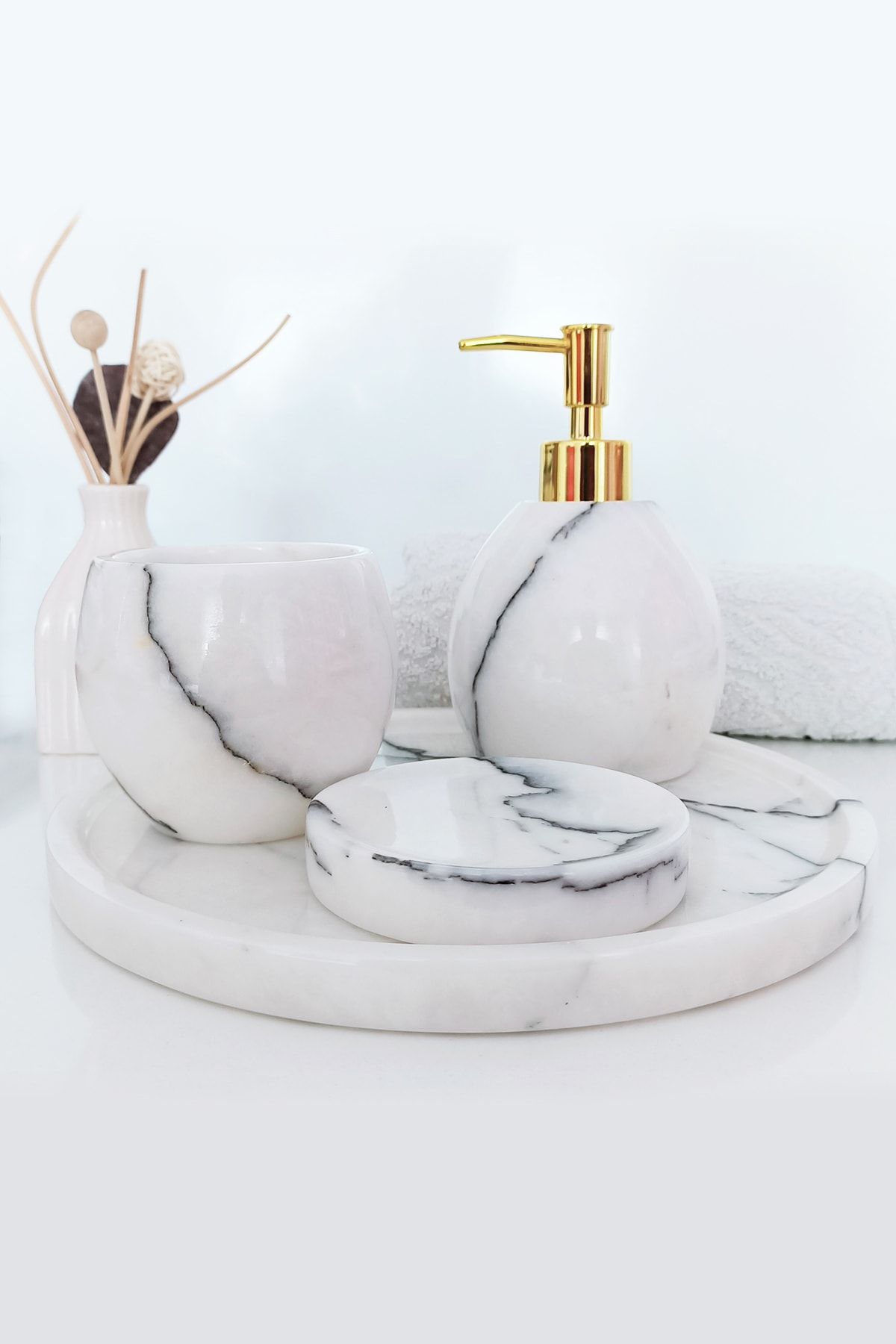 Oliv Home Doğal Mermer Lüks 4'lü Banyo Seti Sıvı Sabunluk Diş Fırçalık ve Sunum Tabağı