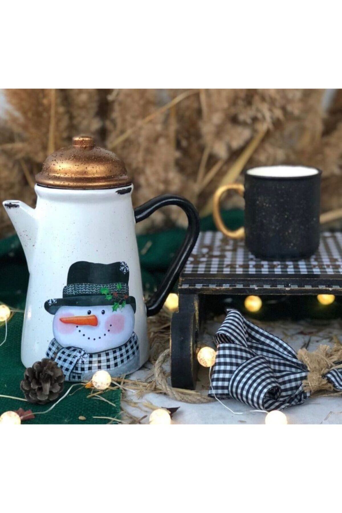 Handmadesign Kapaklı El Yapımı Seramik Sürahi - Yılbaşı Temalı Kardanadam Siyah Beyaz