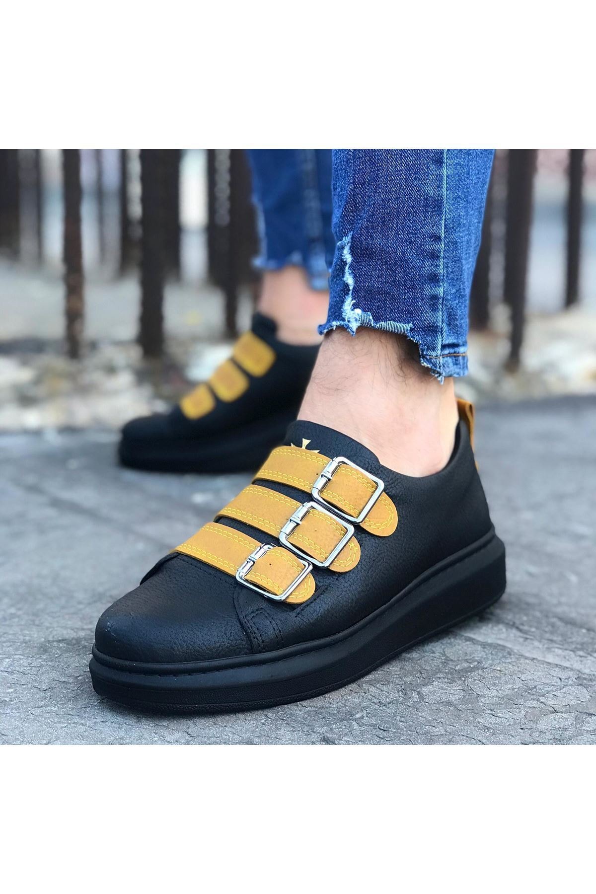 Wagoon Wg050 Kömür Sarı Tokalı Kalın Taban Erkek Ayakkabı