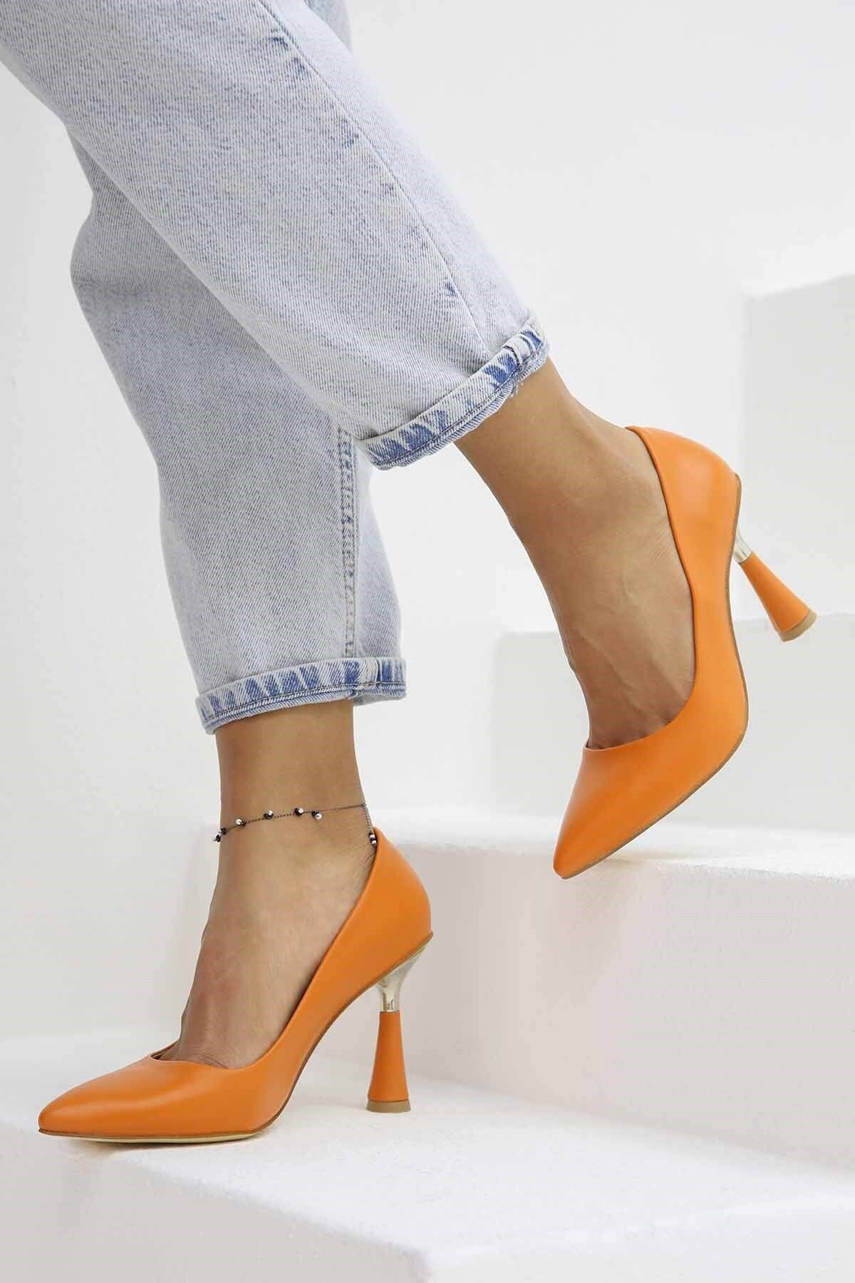 Ccway Sivri Burunlu Stiletto Ayakkabı Turuncu Cilt