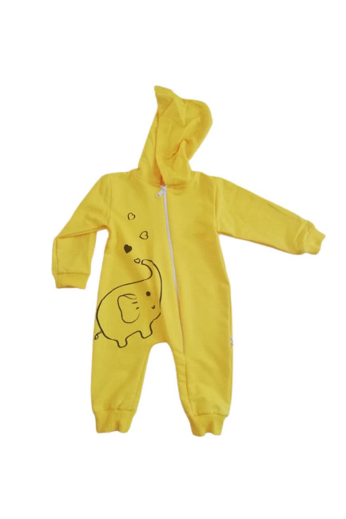 Happy Moda Canbebe Fil Desenli Sarı Renkli Kapşonlu Tulum